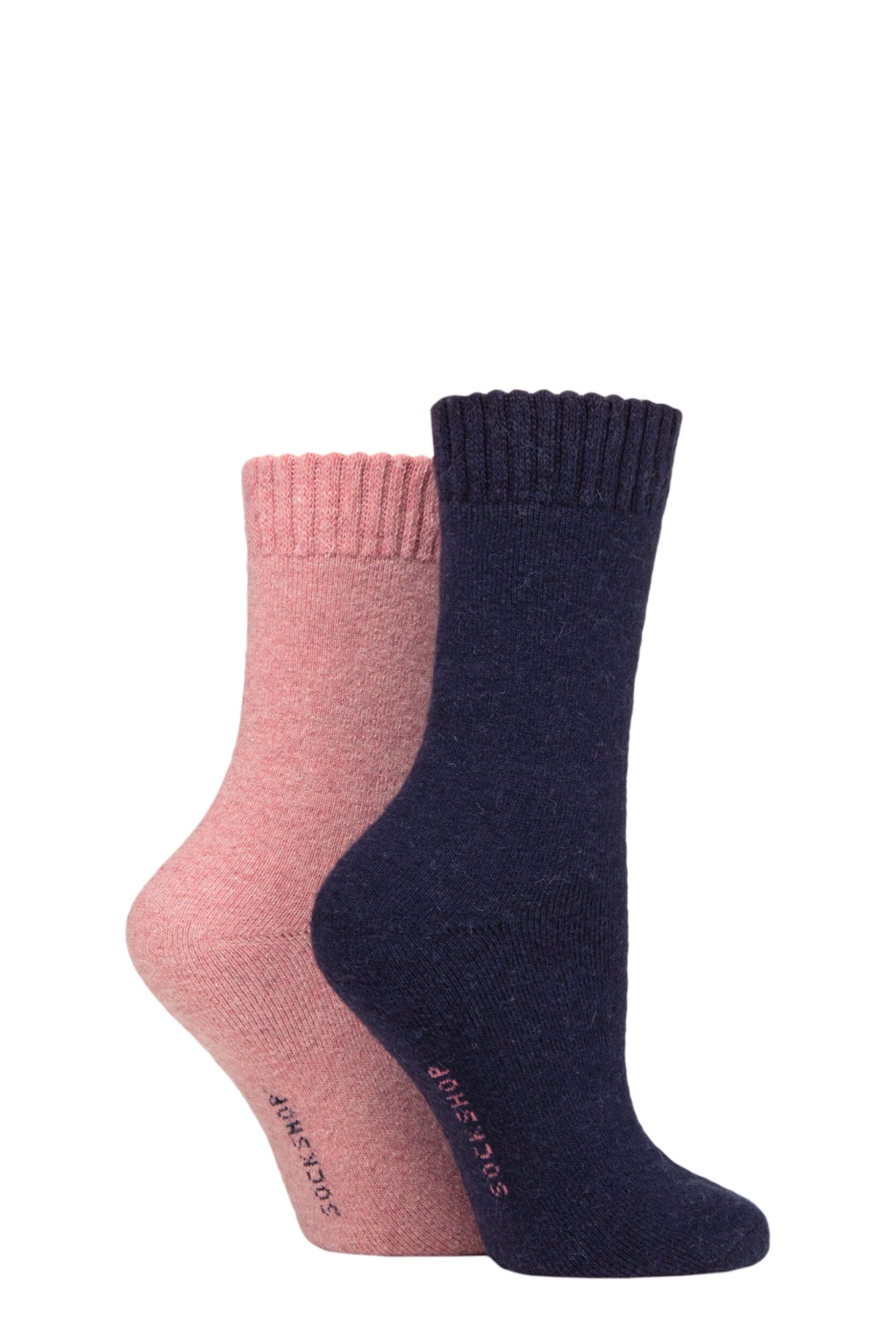 Women's 2 Pair SOCKSHOP Wool Mix Striped and Plain Boot Socks Wild Rose Plain 4-8 Ladies