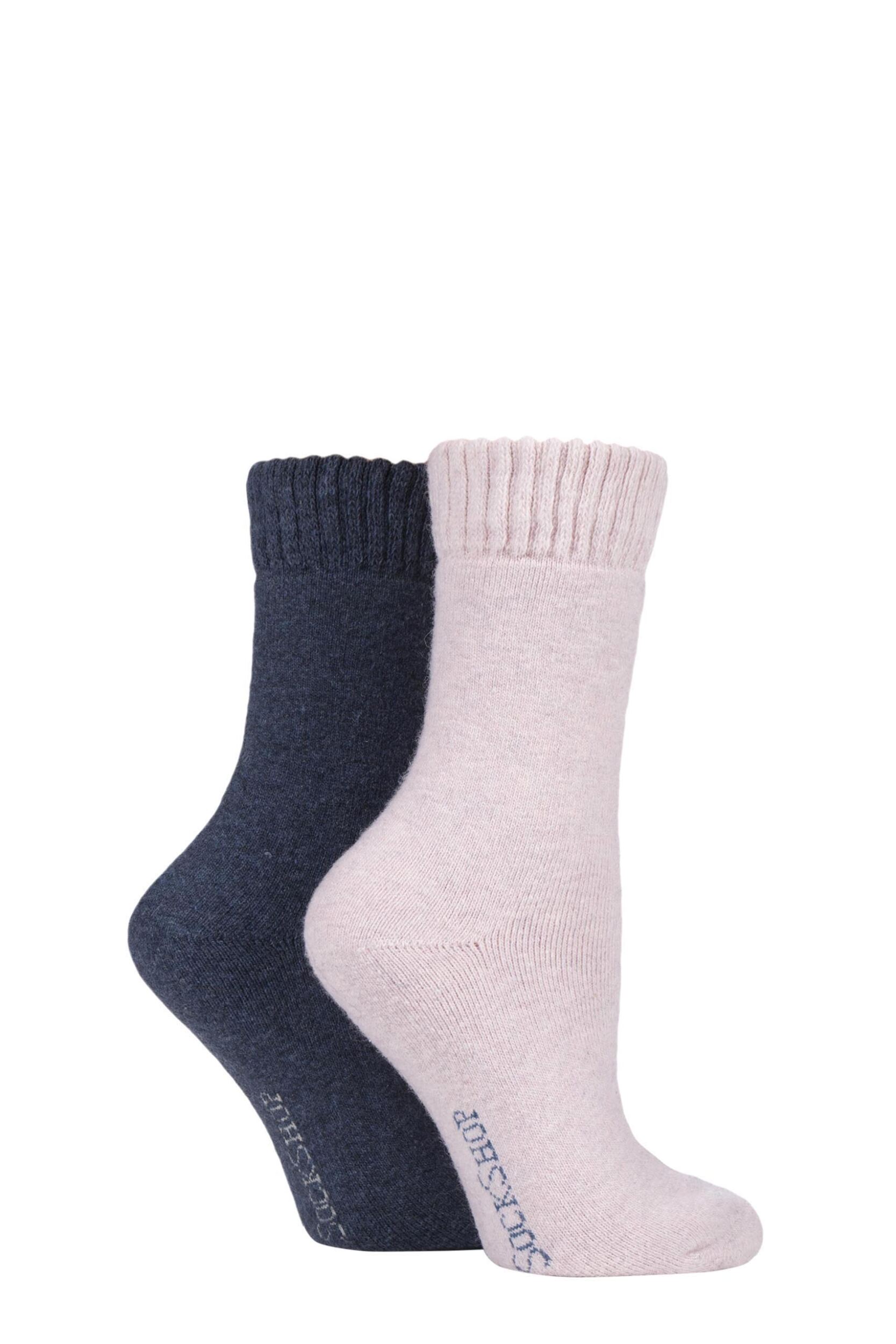 Women's 2 Pair SOCKSHOP Wool Mix Striped and Plain Boot Socks Frost Pink 4-8 Ladies