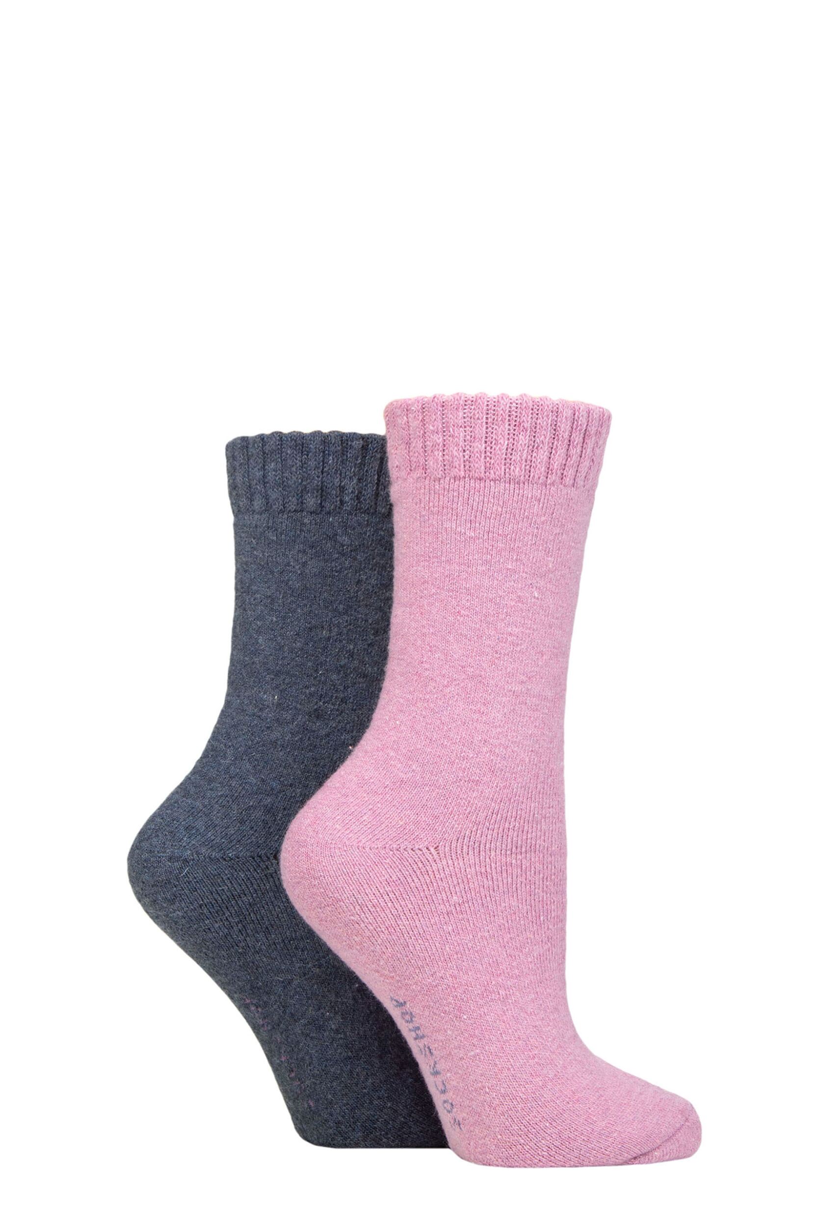 Women's 2 Pair SOCKSHOP Wool Mix Striped and Plain Boot Socks Smokey Pink Plain 4-8
