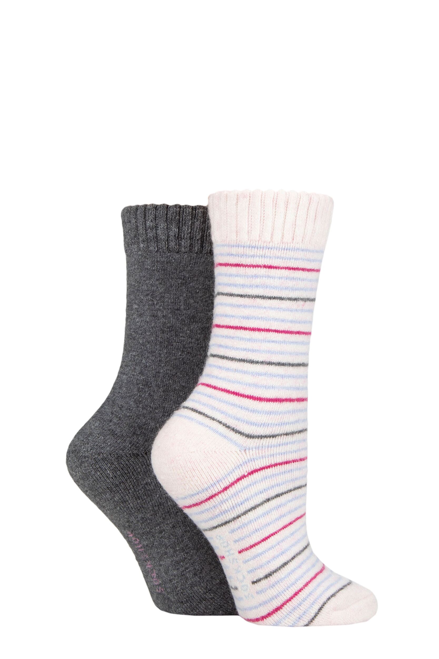 Women's 2 Pair SOCKSHOP Wool Mix Striped and Plain Boot Socks Frost Pink Striped 4-8 Ladies