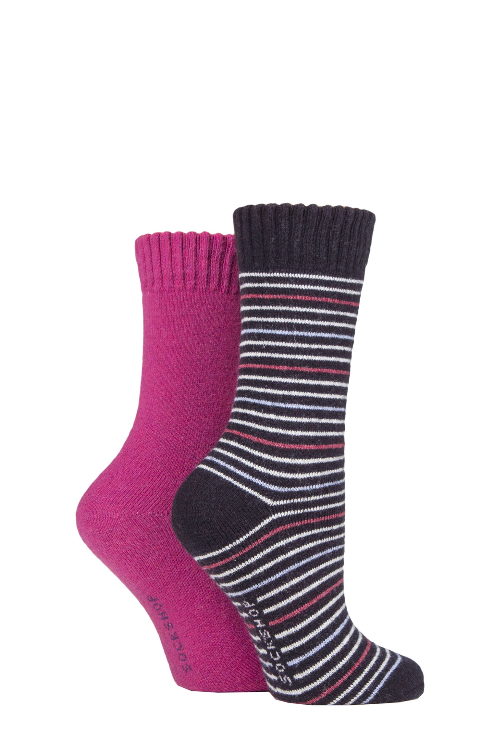 Women's 2 Pair SOCKSHOP Wool Mix Striped and Plain Boot Socks Raspberry Stripe 4-8 Ladies