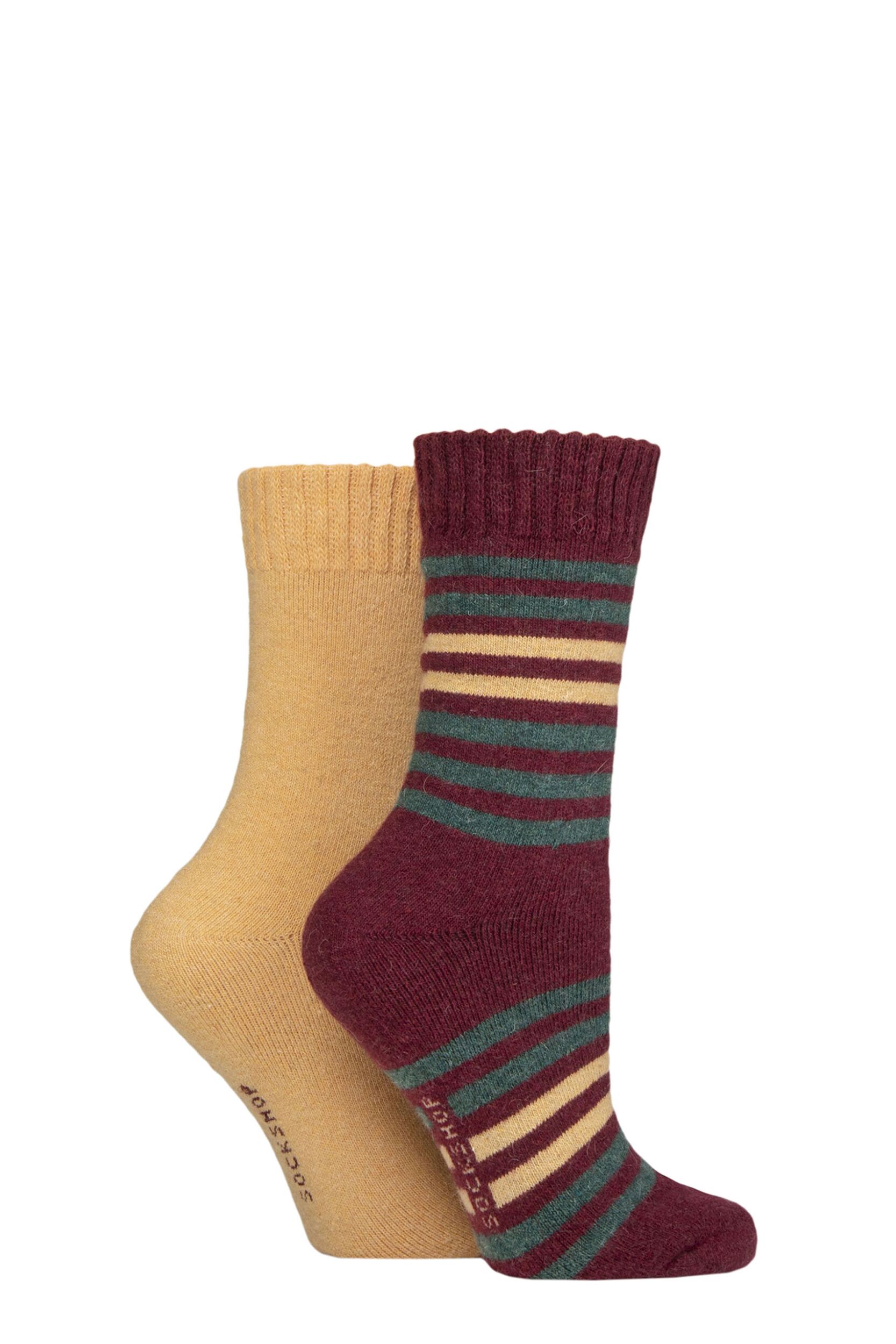Women's 2 Pair SOCKSHOP Wool Mix Striped and Plain Boot Socks Cinnamon Striped 4-8 Ladies