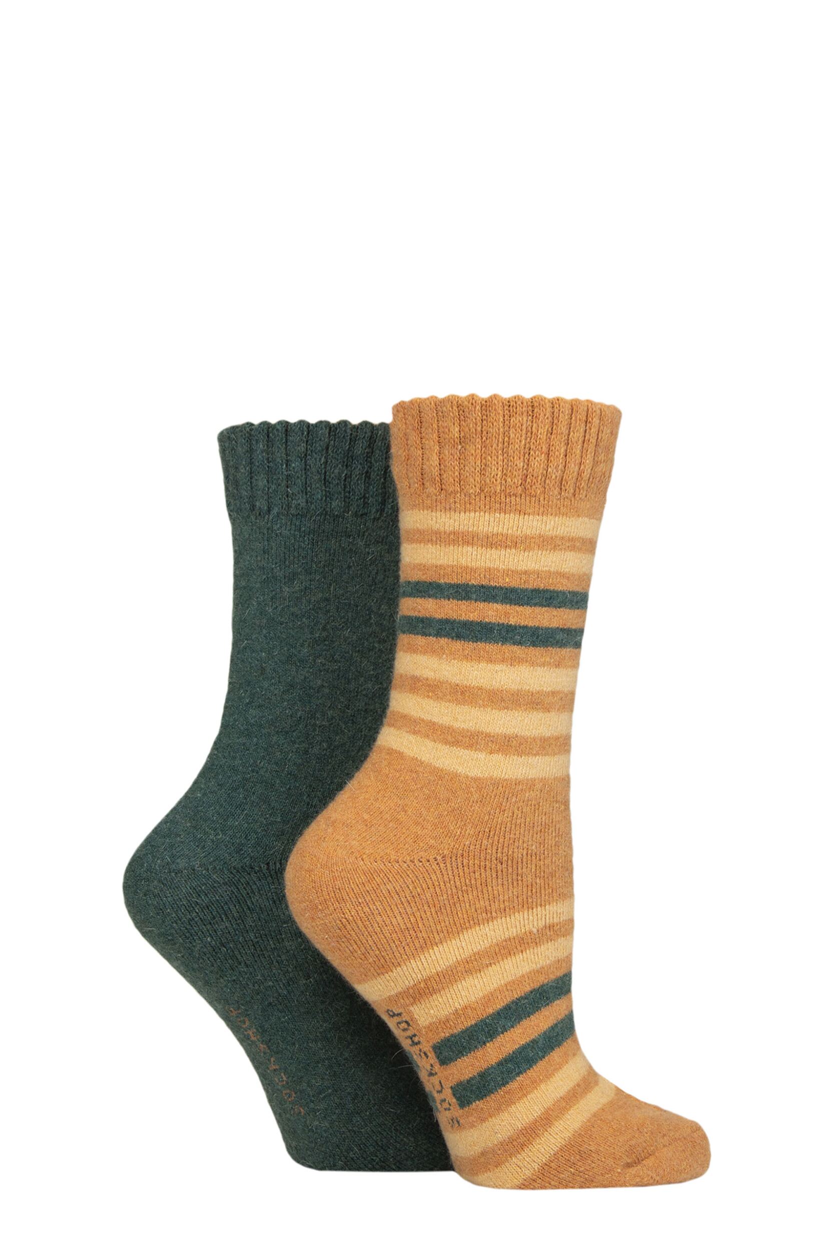 Women's 2 Pair SOCKSHOP Wool Mix Striped and Plain Boot Socks Marmalade Striped 4-8 Ladies