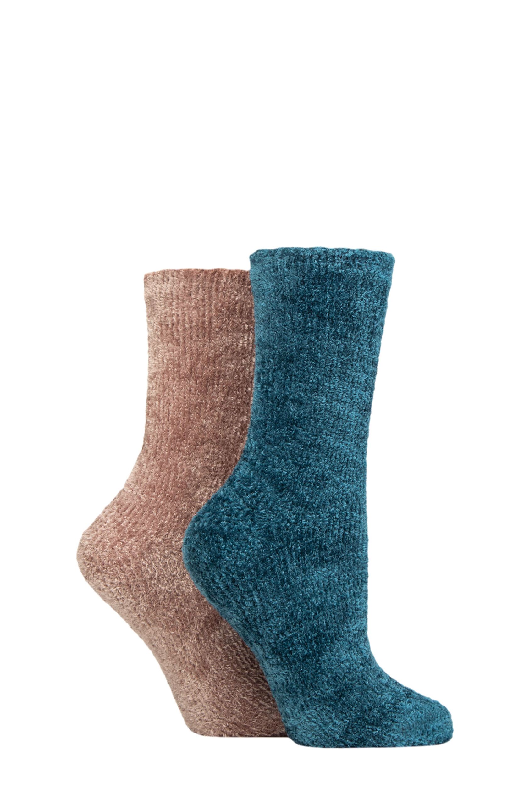 Women's 2 Pair SOCKSHOP Chenille Boot Socks Blue Coral 4-8
