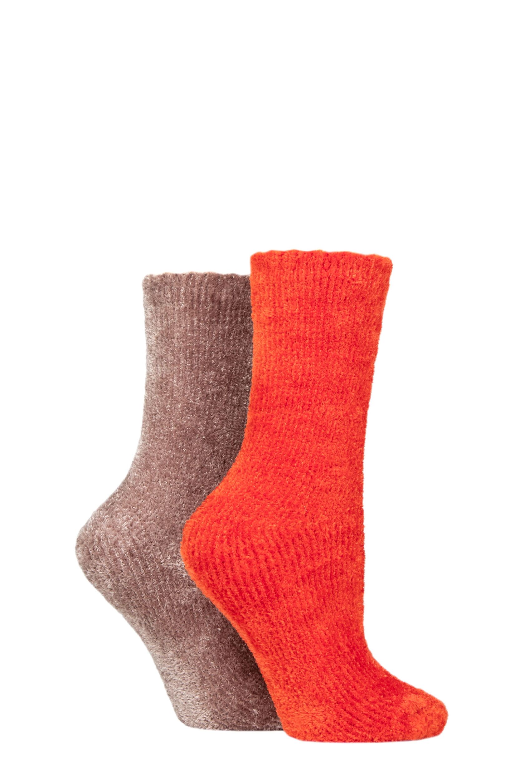 Women's 2 Pair SOCKSHOP Chenille Boot Socks Rust / Gold 4-8 Ladies