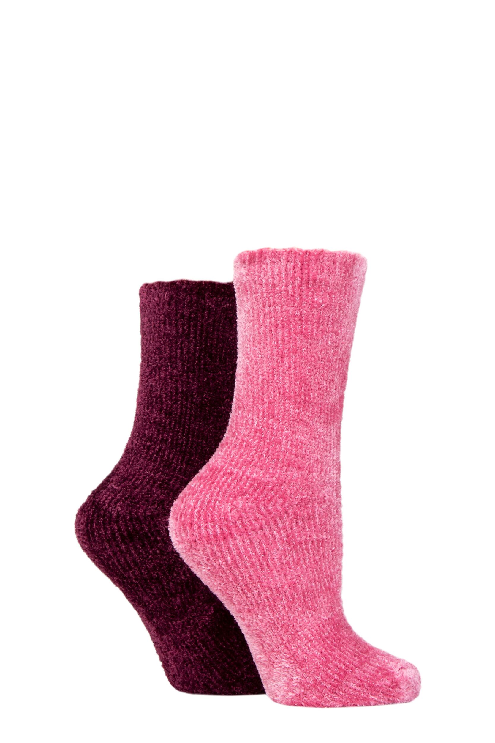 Women's 2 Pair SOCKSHOP Chenille Boot Socks Wild Rose / Damson 4-8 Ladies