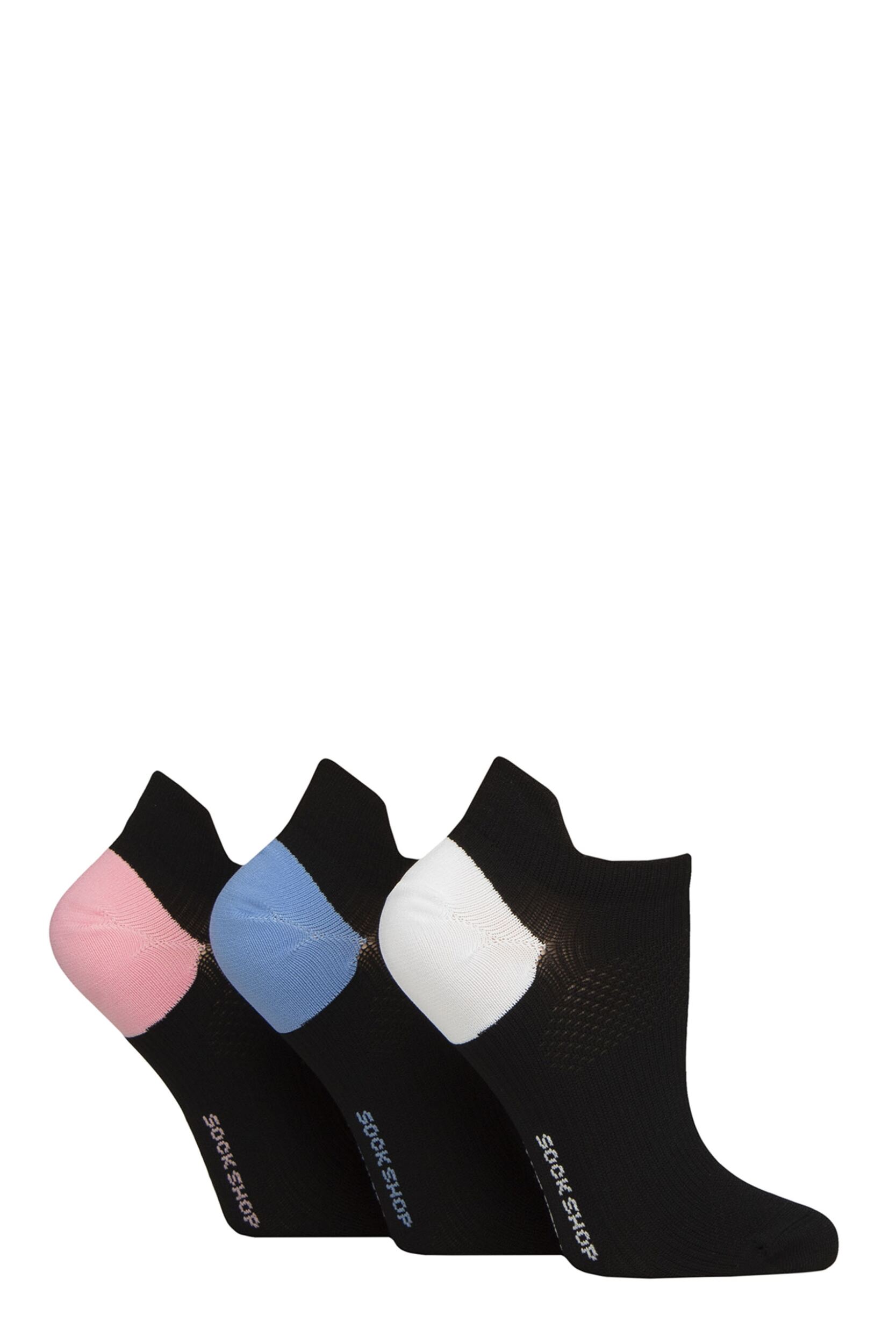 Women’s 3 Pair SOCKSHOP Poly Sports No Show Socks Black / Pink / Blue 4-8