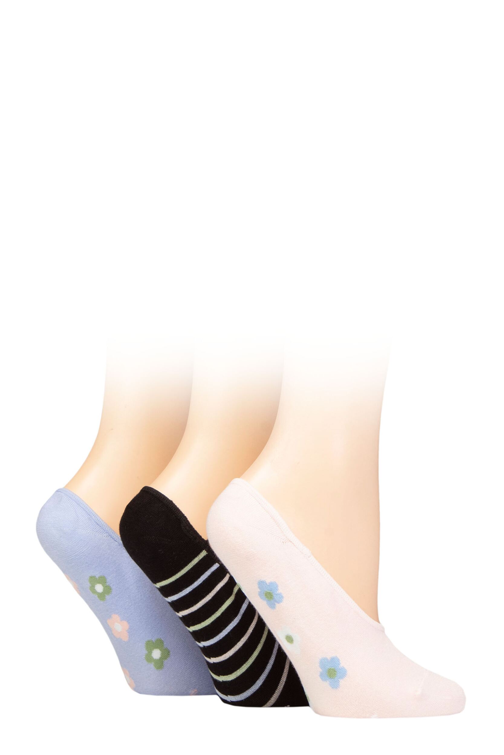 Women's 3 Pair SOCKSHOP Plain and Patterned Bamboo Shoe Liners Bluebell 4-8