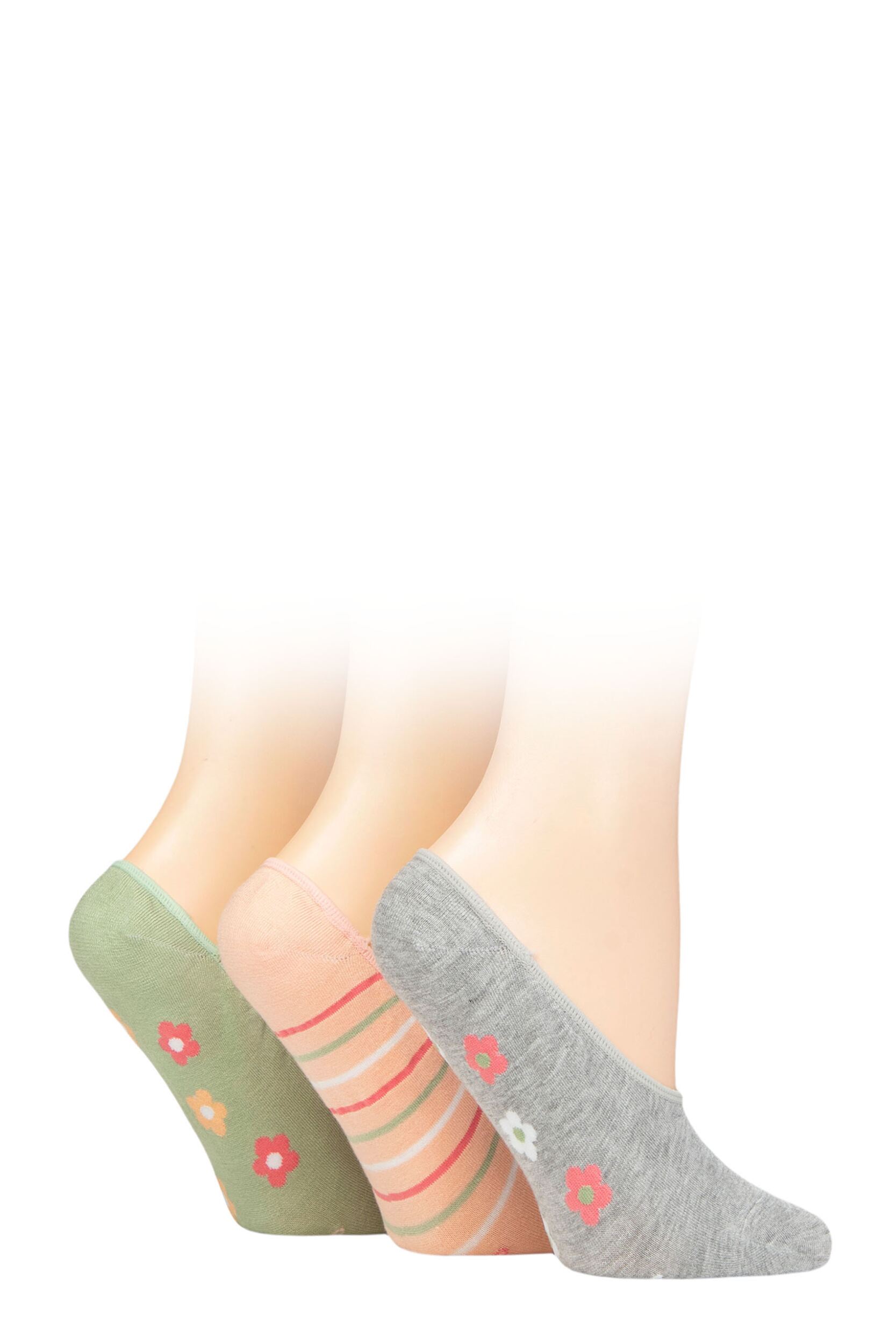 Women's 3 Pair SOCKSHOP Plain and Patterned Bamboo Shoe Liners Sage 4-8
