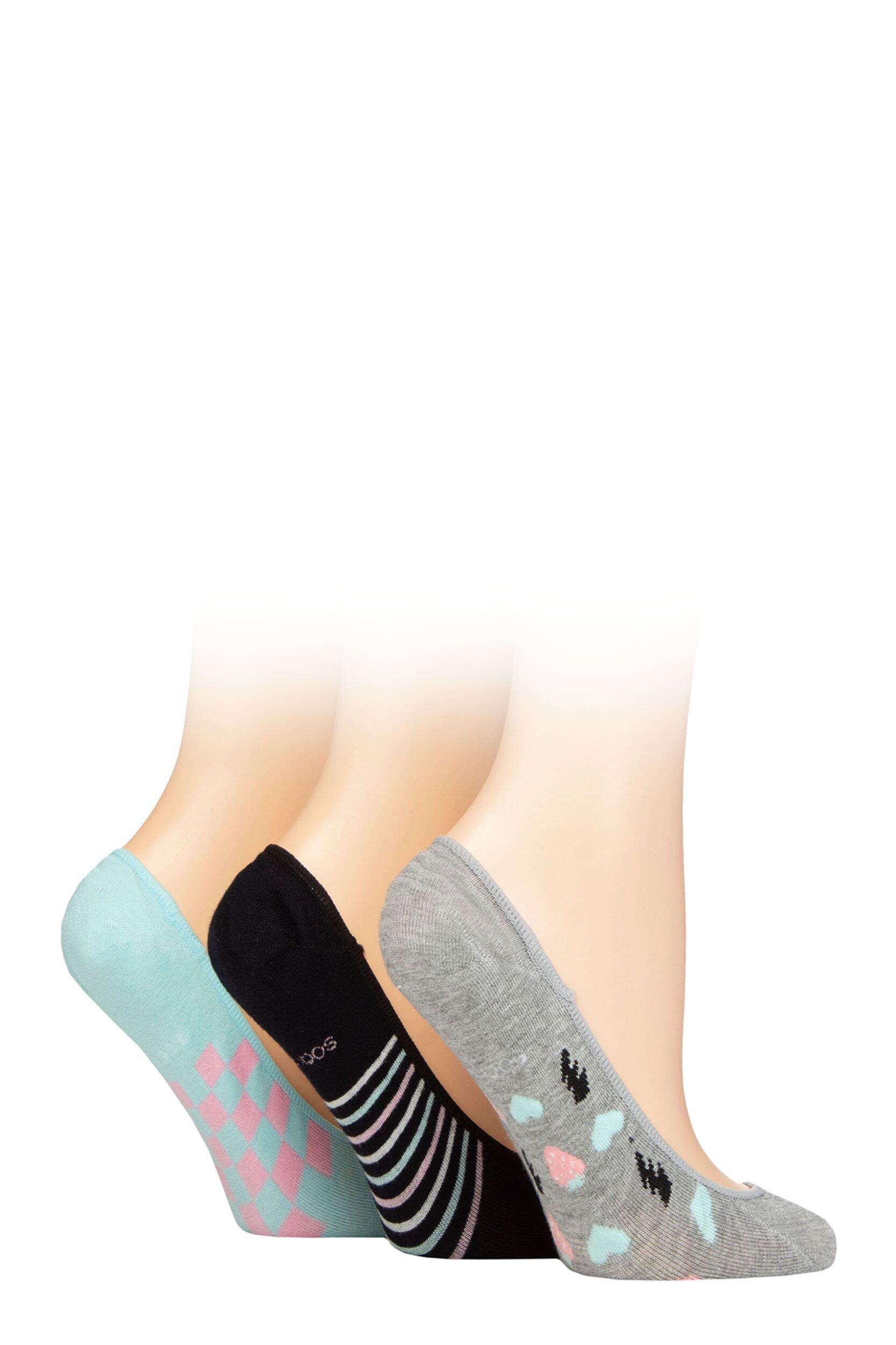 Women's 3 Pair SOCKSHOP Plain and Patterned Bamboo Shoe Liners Aqua 4-8