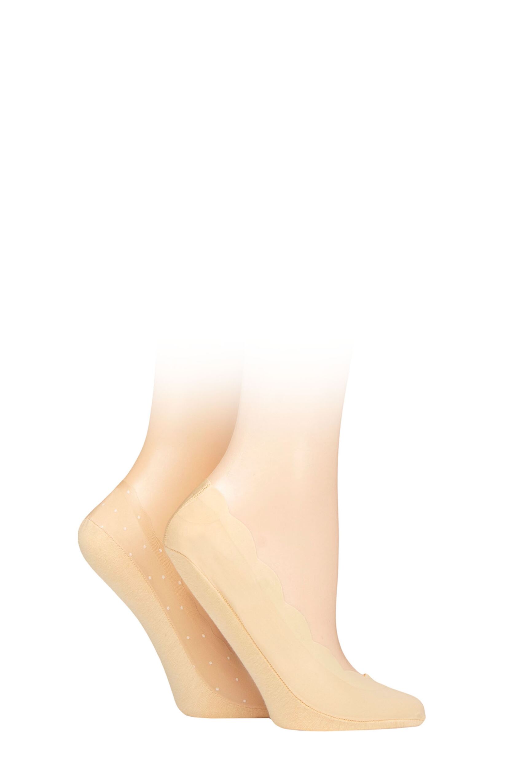 Women's 2 Pair SOCKSHOP Plain & Spot Scallop Shoe Liners Nude 4-8