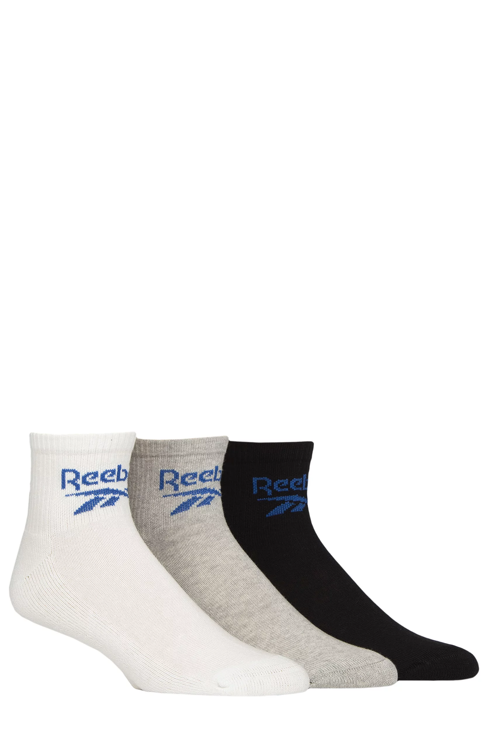 Mens and Women's 3 Pair Reebok Foundation Cotton Ankle Socks White / Grey / Black 2.5-3.5 UK