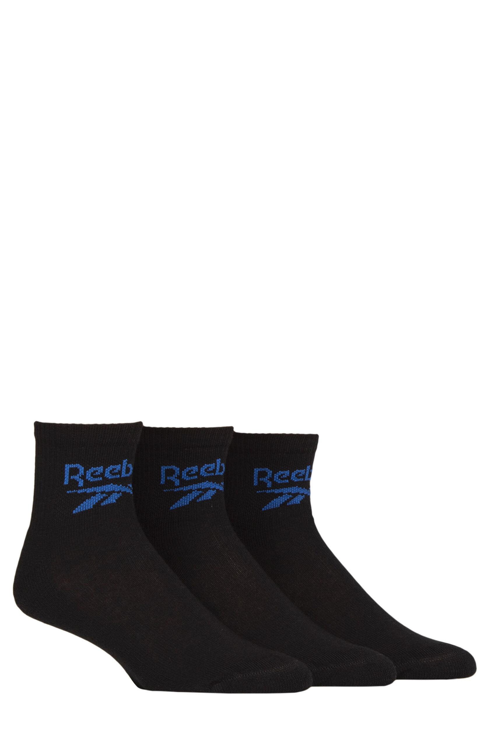 Mens and Women's 3 Pair Reebok Foundation Cotton Ankle Socks Black 2.5-3.5 UK