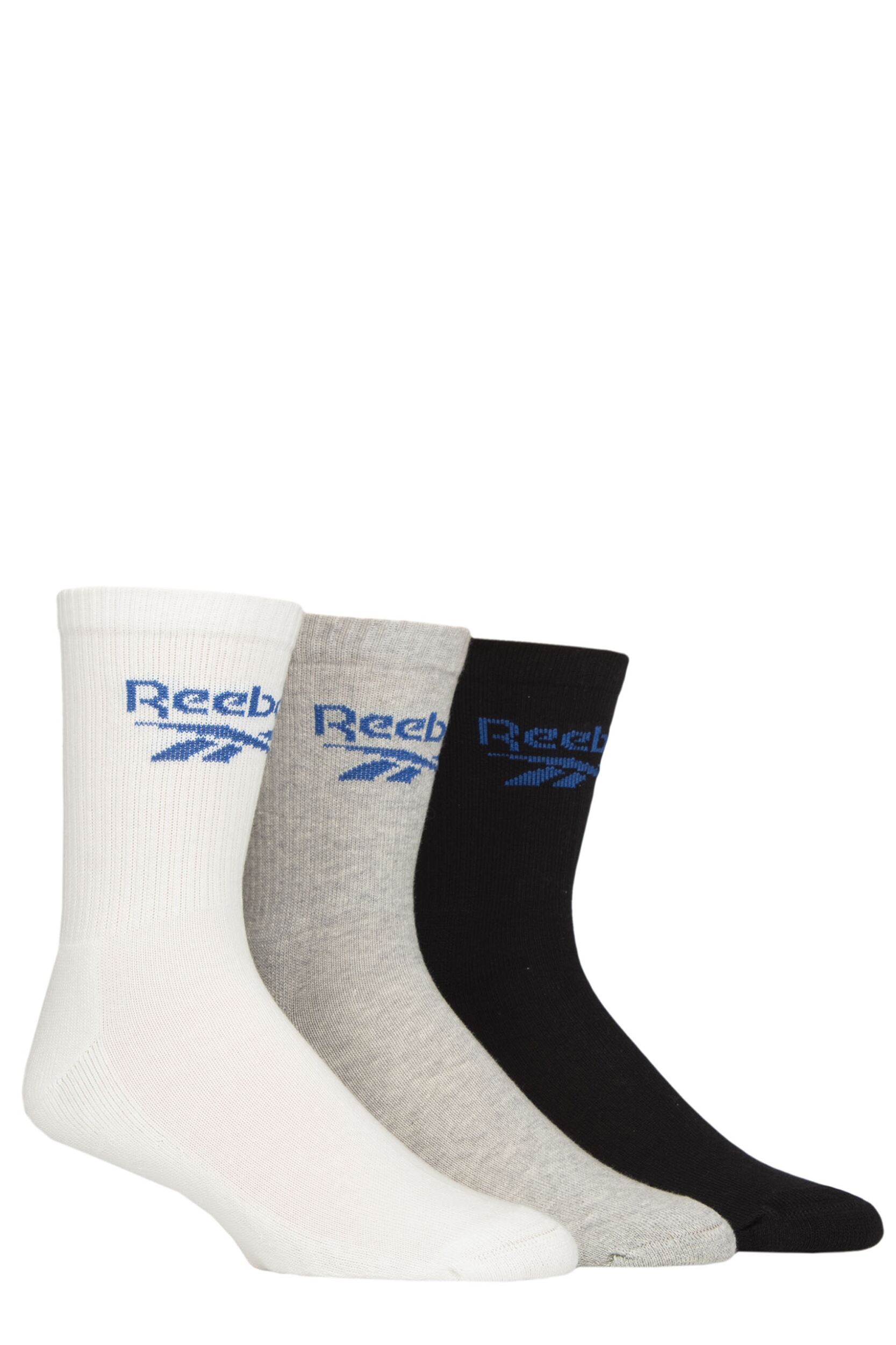 Mens and Women's 3 Pair Reebok Foundation Cotton Crew Socks White / Grey / Black 11-12.5 UK