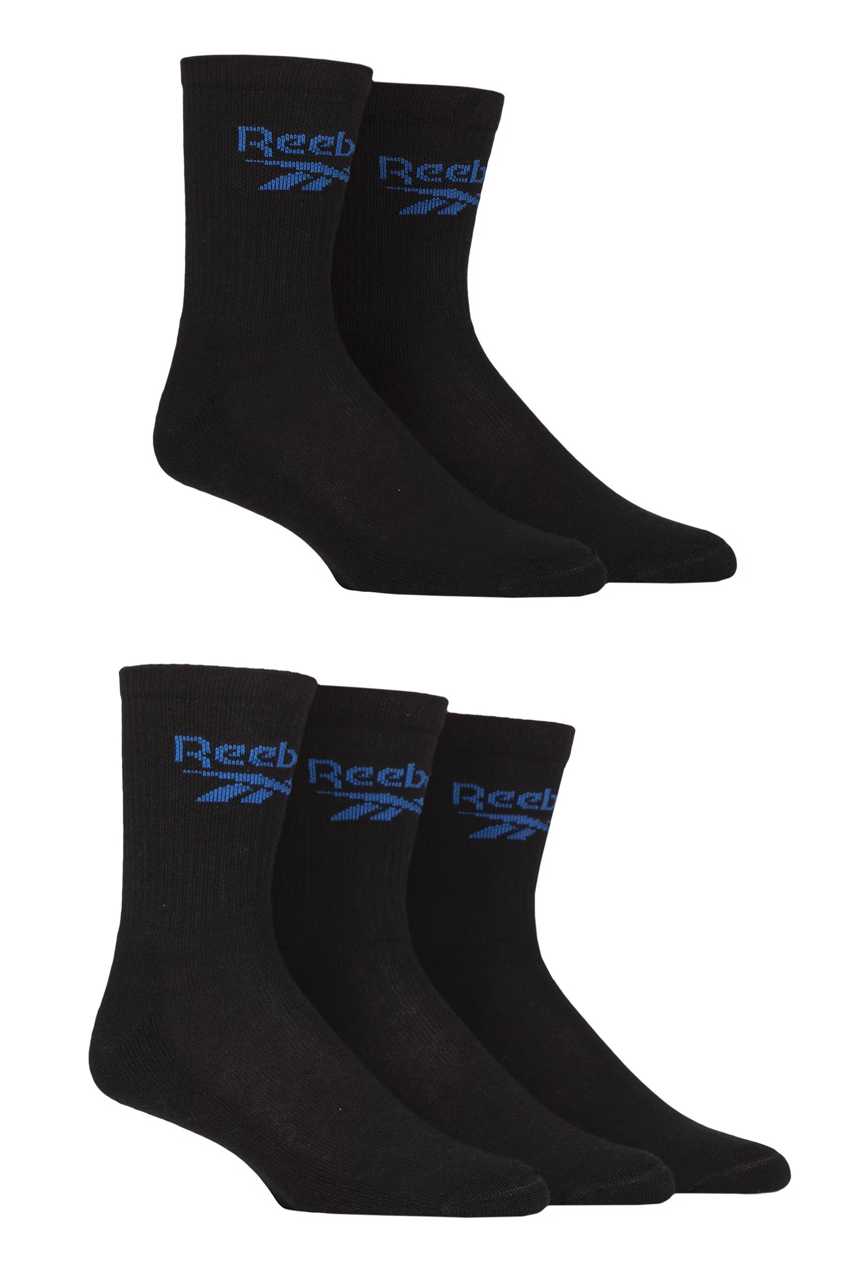Mens and Women's 5 Pair Reebok Foundation Cotton Crew Socks Black 2.5-3.5 UK