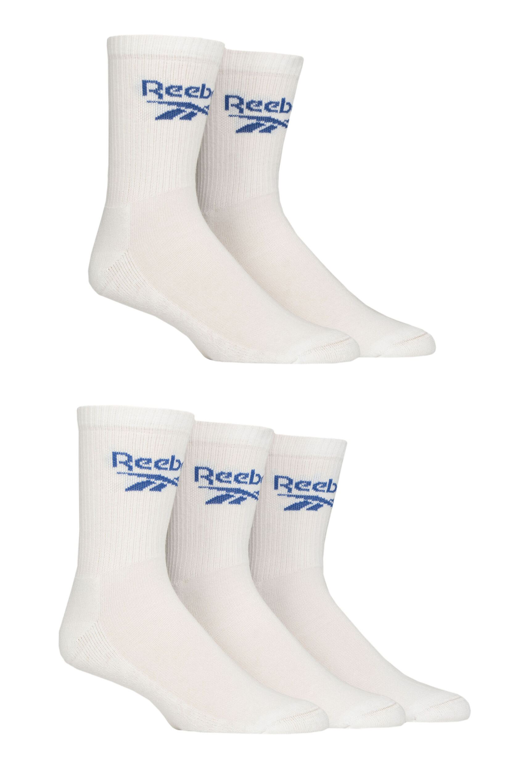 Mens and Women's 5 Pair Reebok Foundation Cotton Crew Socks White 6.5-8 UK