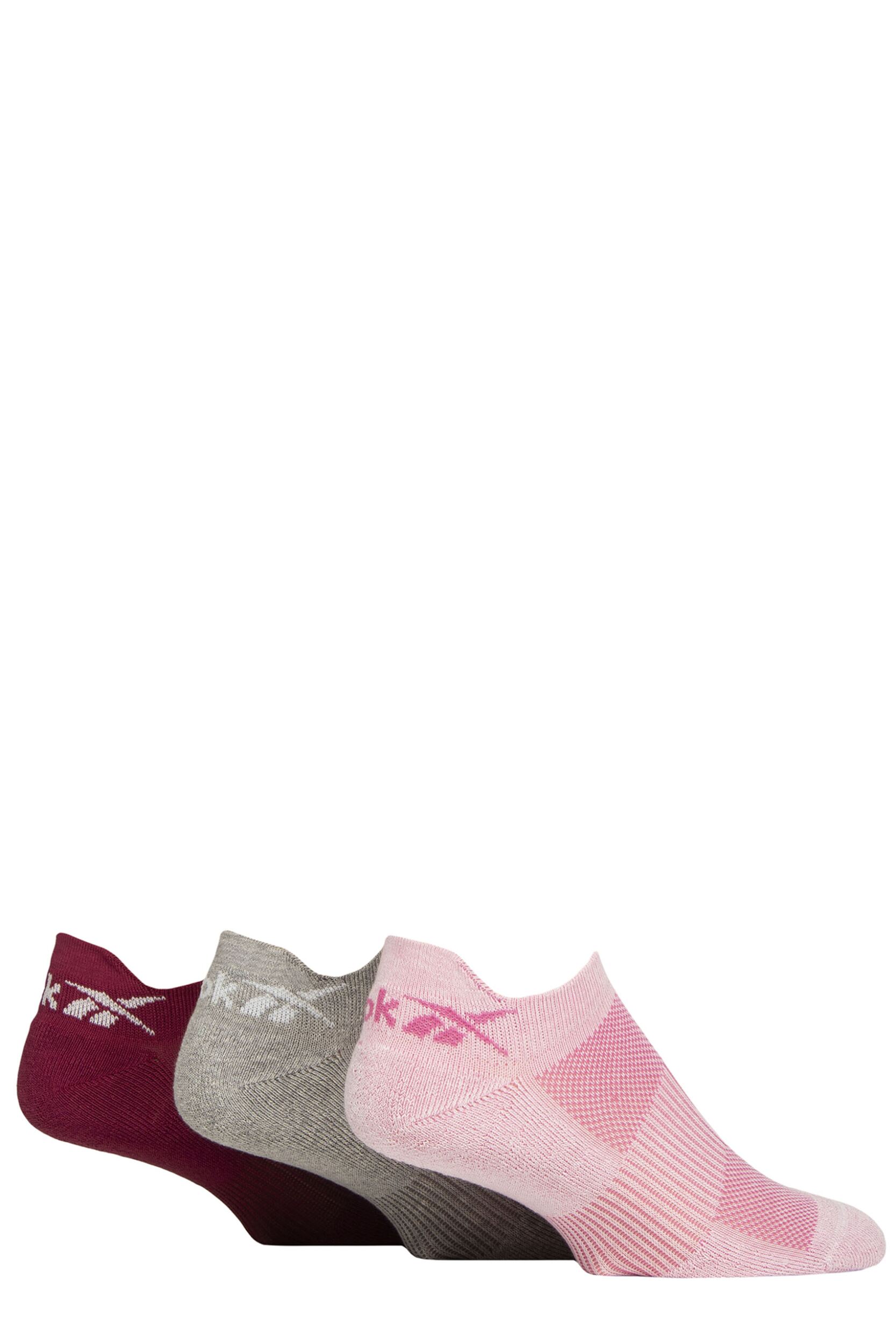 Mens and Women's 3 Pair Reebok Essentials Cotton Trainer Socks Pink / Grey / Burgundy 2.5-3.5 UK