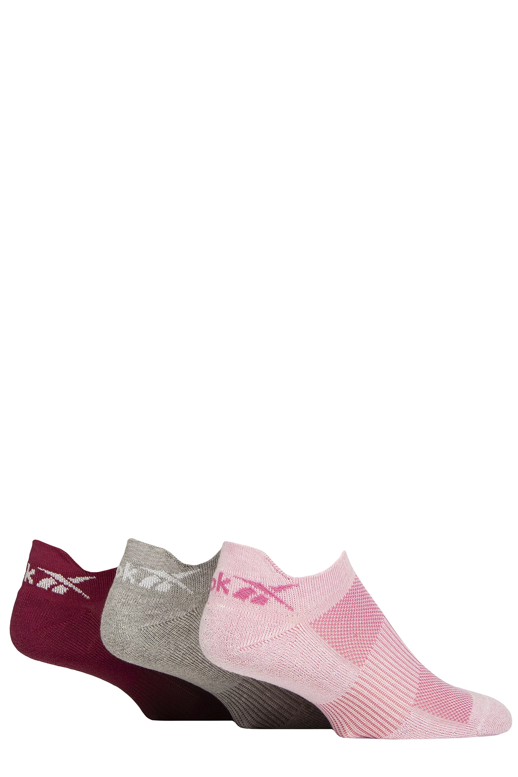 Mens and Women's 3 Pair Reebok Essentials Cotton Trainer Socks Pink / Grey / Burgundy 2.5-3.5 UK