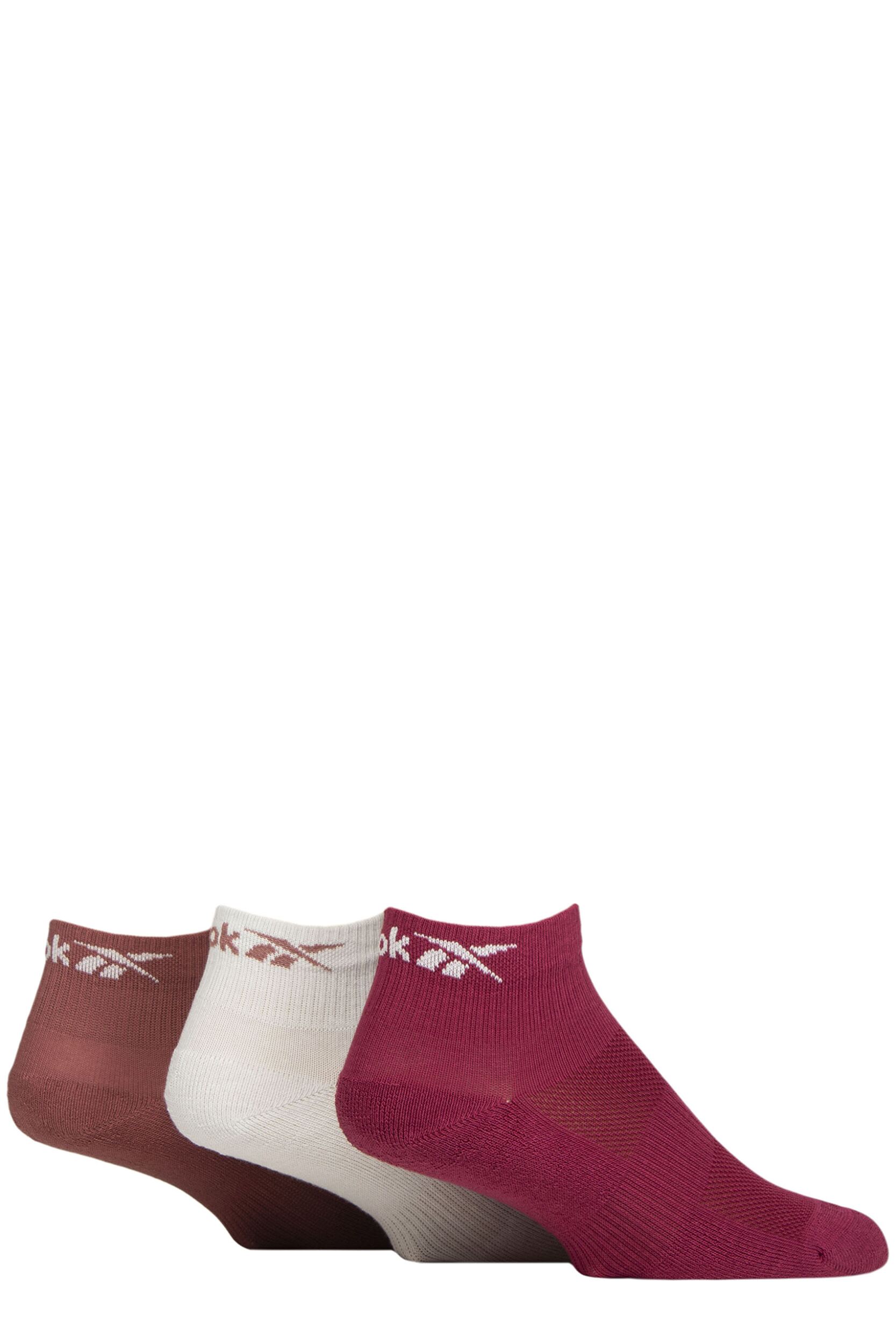 Mens and Women's 3 Pair Reebok Essentials Cotton Ankle Socks with Arch Support and Mesh Top Burgundy / White / Brown 4.5-6 UK