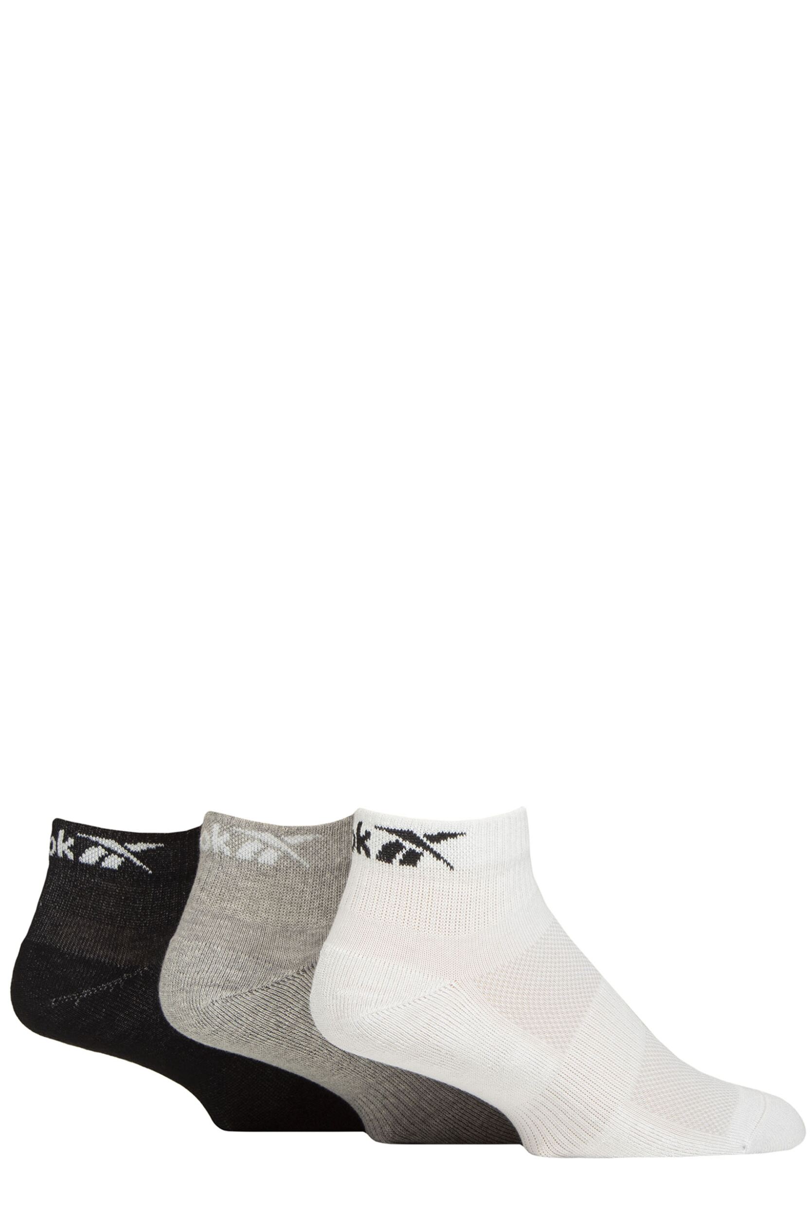 Mens and Women's 3 Pair Reebok Essentials Cotton Ankle Socks with Arch Support and Mesh Top White / Grey / Black 6.5-8 UK