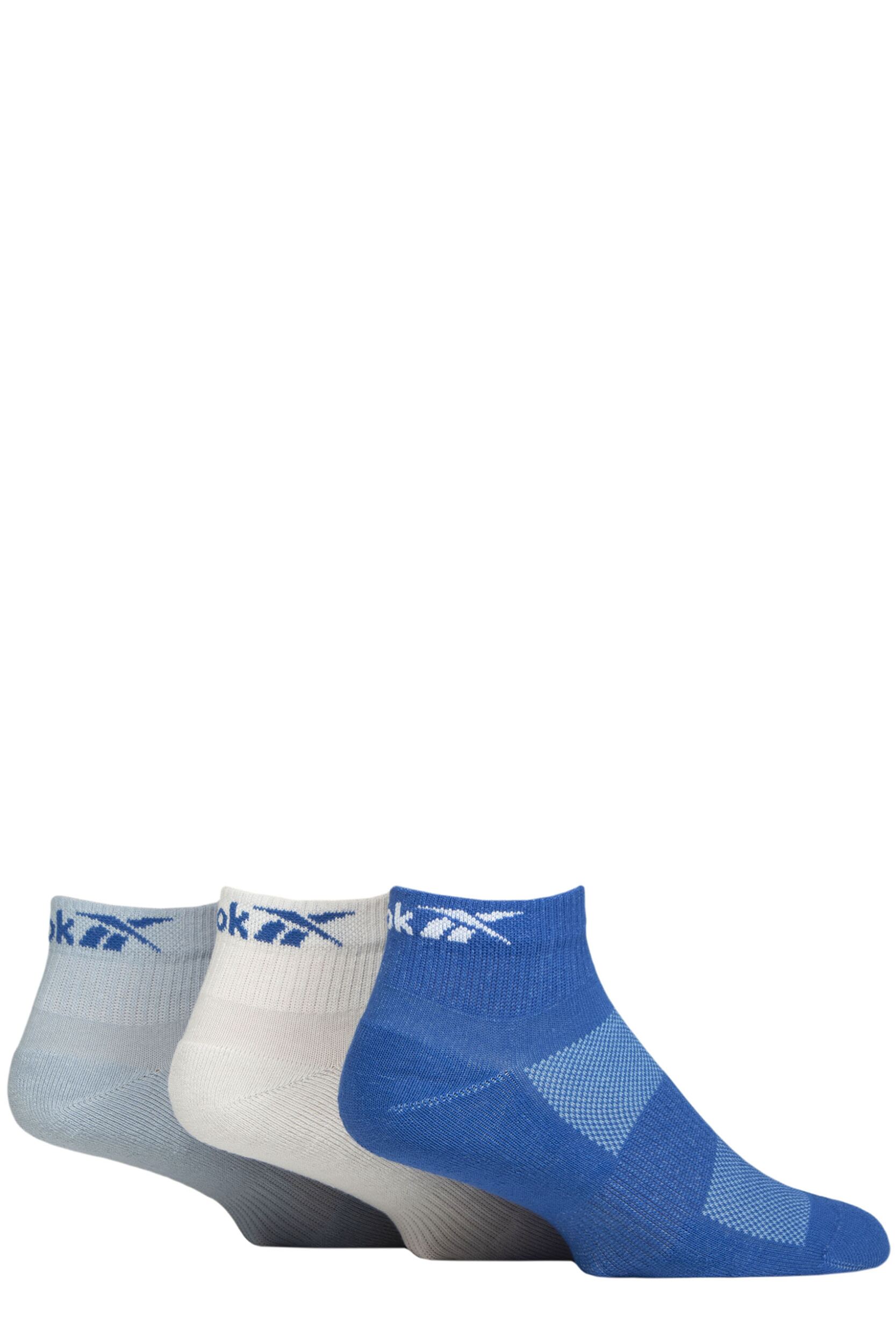 Mens and Women’s 3 Pair Reebok Essentials Cotton Ankle Socks with Arch Support and Mesh Top Blue / White / Light Blue 8.5-10 UK