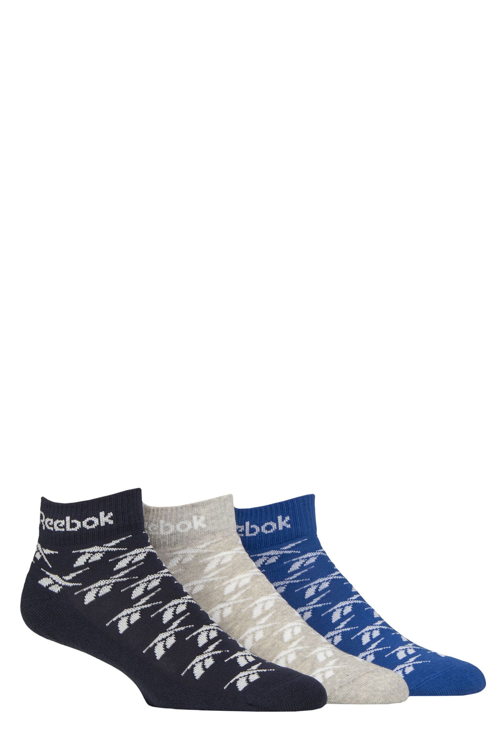 Mens and Women's 3 Pair Reebok Essentials Cotton Ankle Socks Navy / Grey / Blue 6.5-8 UK
