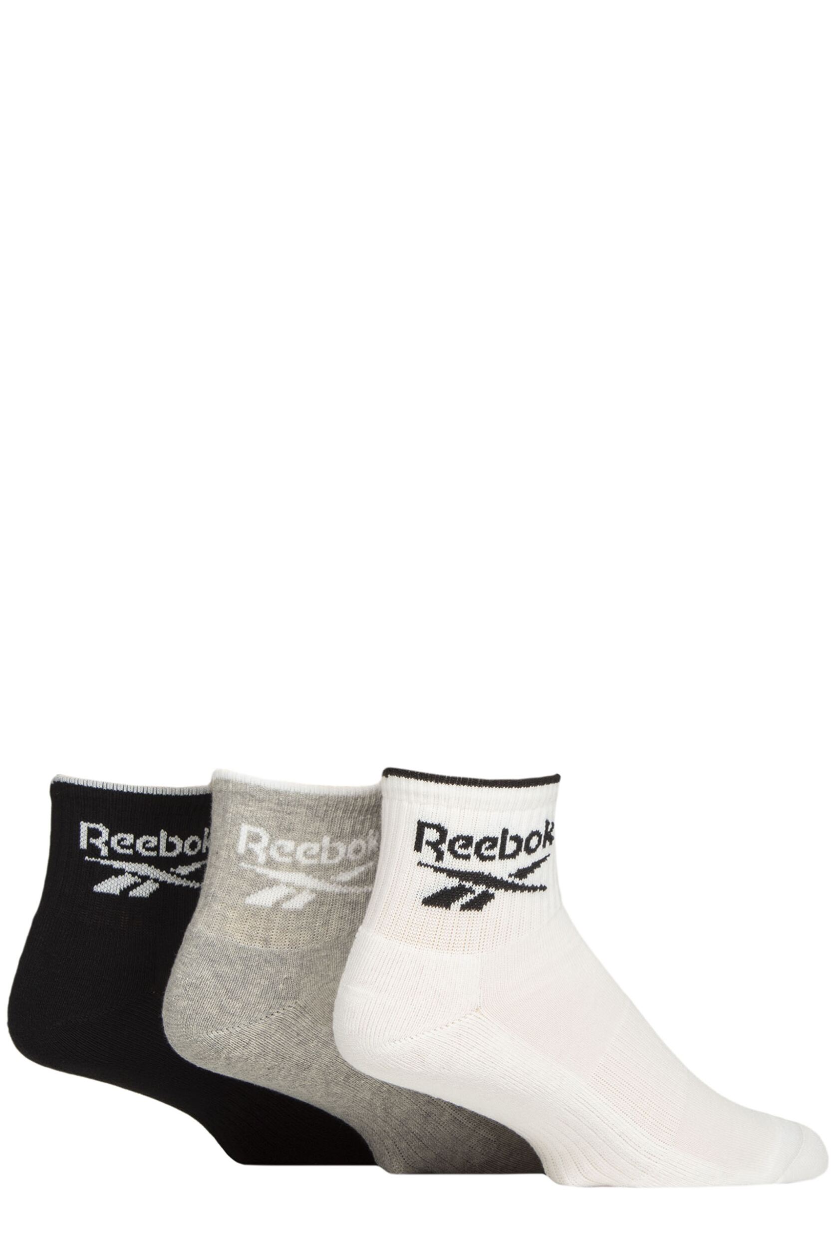 Mens and Women's 3 Pair Reebok Essentials Cotton Ankle Socks with Arch Support White / Grey / Black 6.5-8 UK