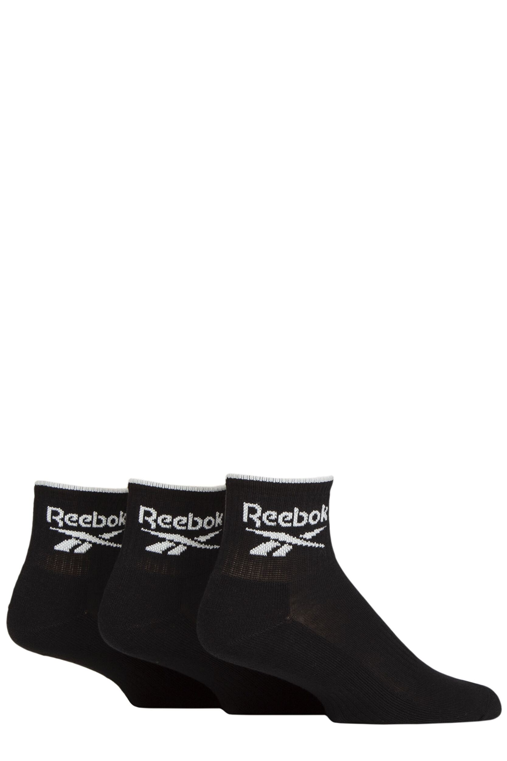 Mens and Women's 3 Pair Reebok Essentials Cotton Ankle Socks with Arch Support Black 6.5-8 UK