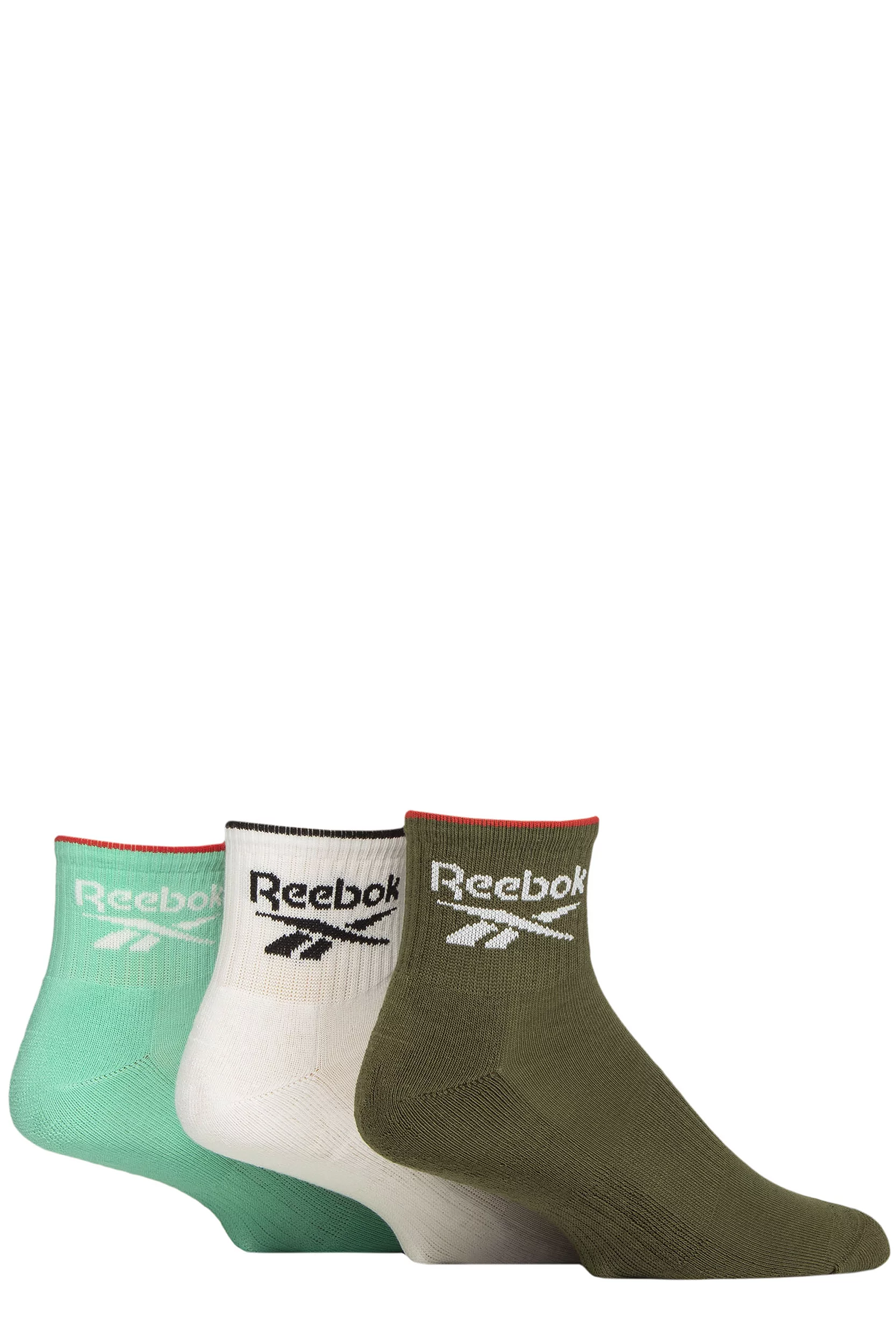 Mens and Women's 3 Pair Reebok Essentials Cotton Ankle Socks with Arch Support Khaki Green / White / Teal 4.5-6 UK