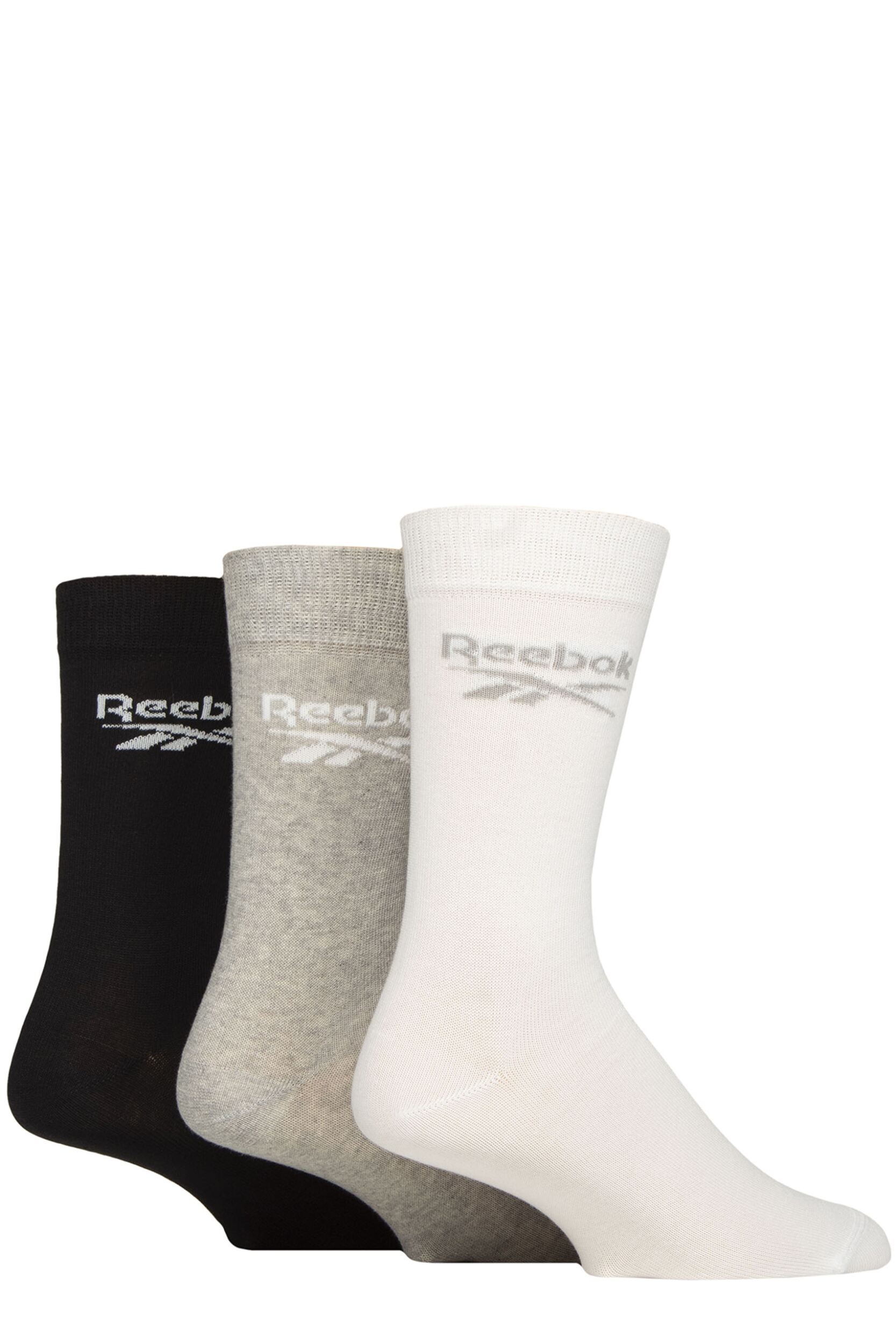 Mens and Women's 3 Pair Reebok Core Cotton Crew Socks White / Grey / Black 2.5-3.5 UK