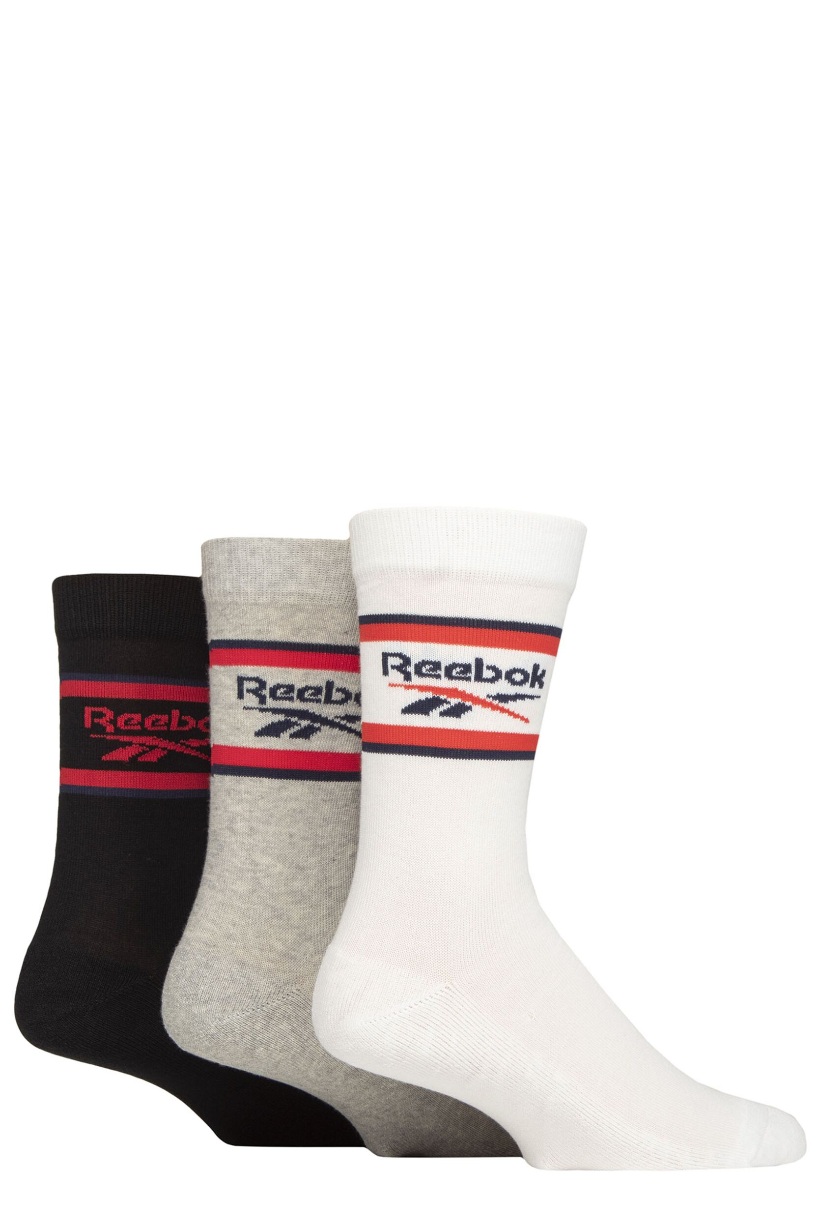 Mens and Women's 3 Pair Reebok Essentials Cotton Crew Socks White / Grey / Black 8.5-10 UK