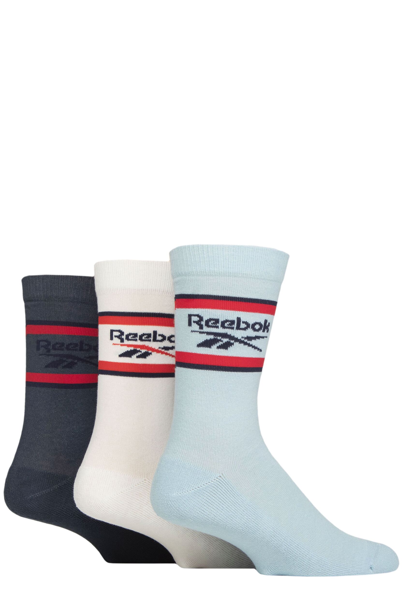 Mens and Women's 3 Pair Reebok Essentials Cotton Crew Socks Light Blue / White / Denim 8.5-10 UK