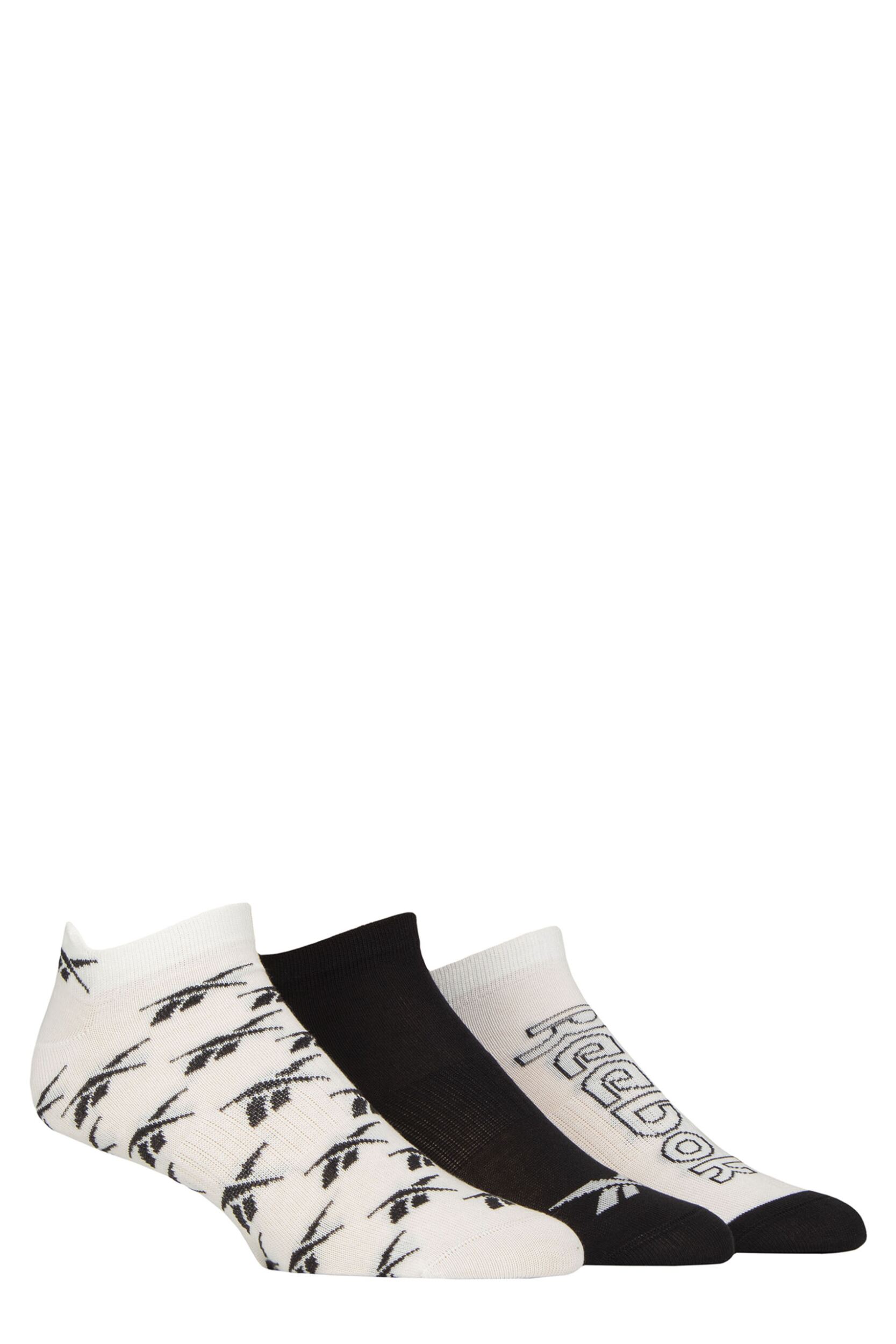 Mens and Women's 3 Pair Reebok Essentials Cotton Trainer Socks with Arch Support White / Black / White 2.5-3.5 UK