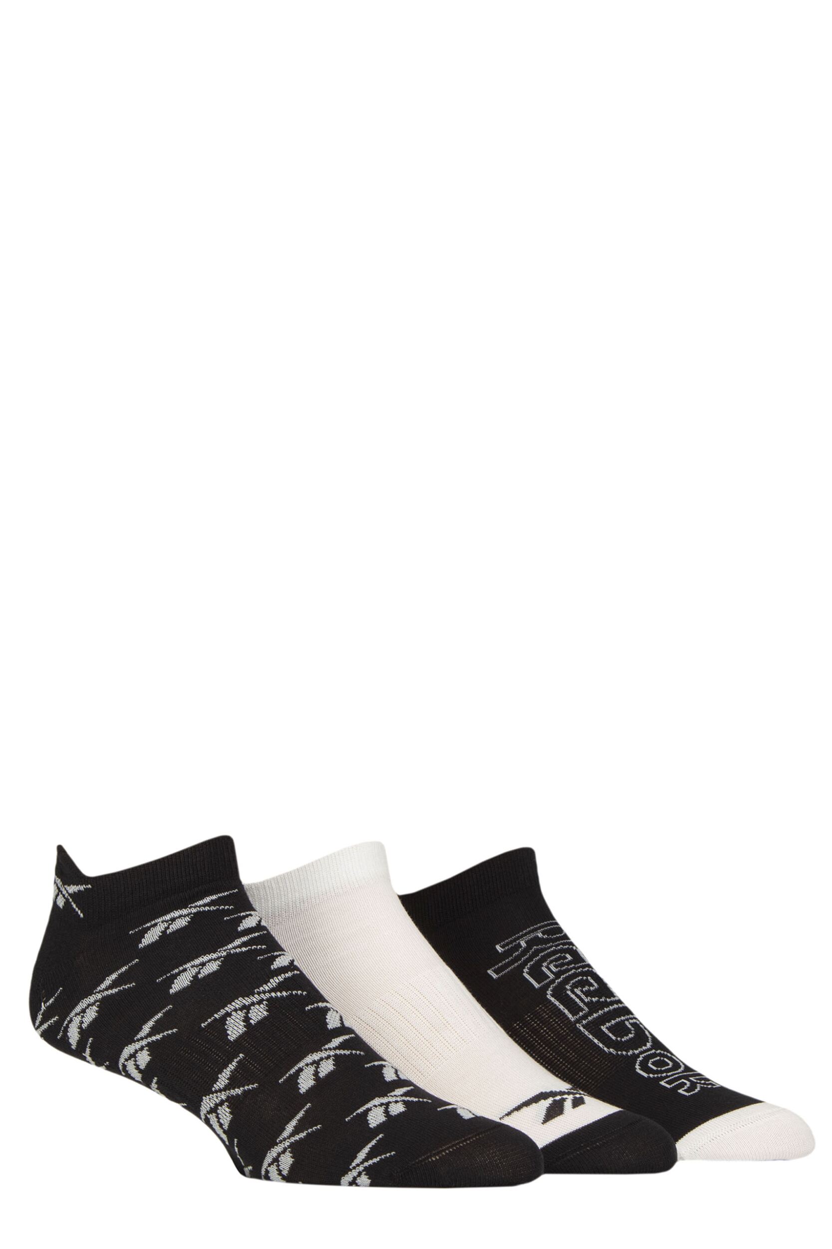 Mens and Women's 3 Pair Reebok Essentials Cotton Trainer Socks with Arch Support Black / White / Black 8.5-10 UK