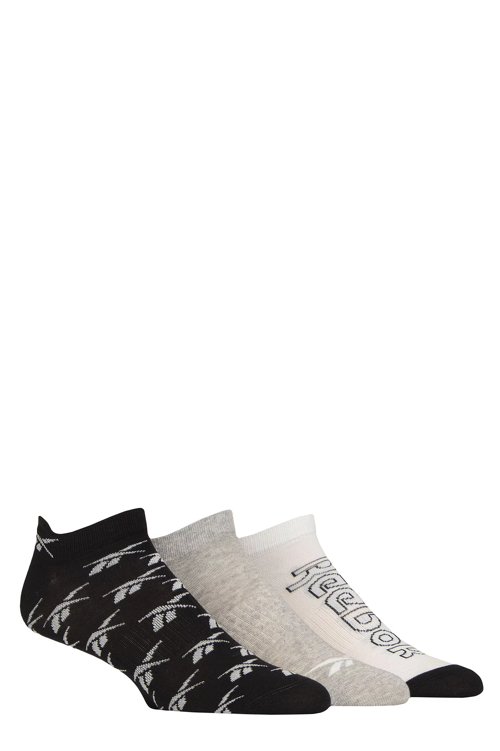 Mens and Women's 3 Pair Reebok Essentials Cotton Trainer Socks with Arch Support Black / Grey / White 6.5-8 UK