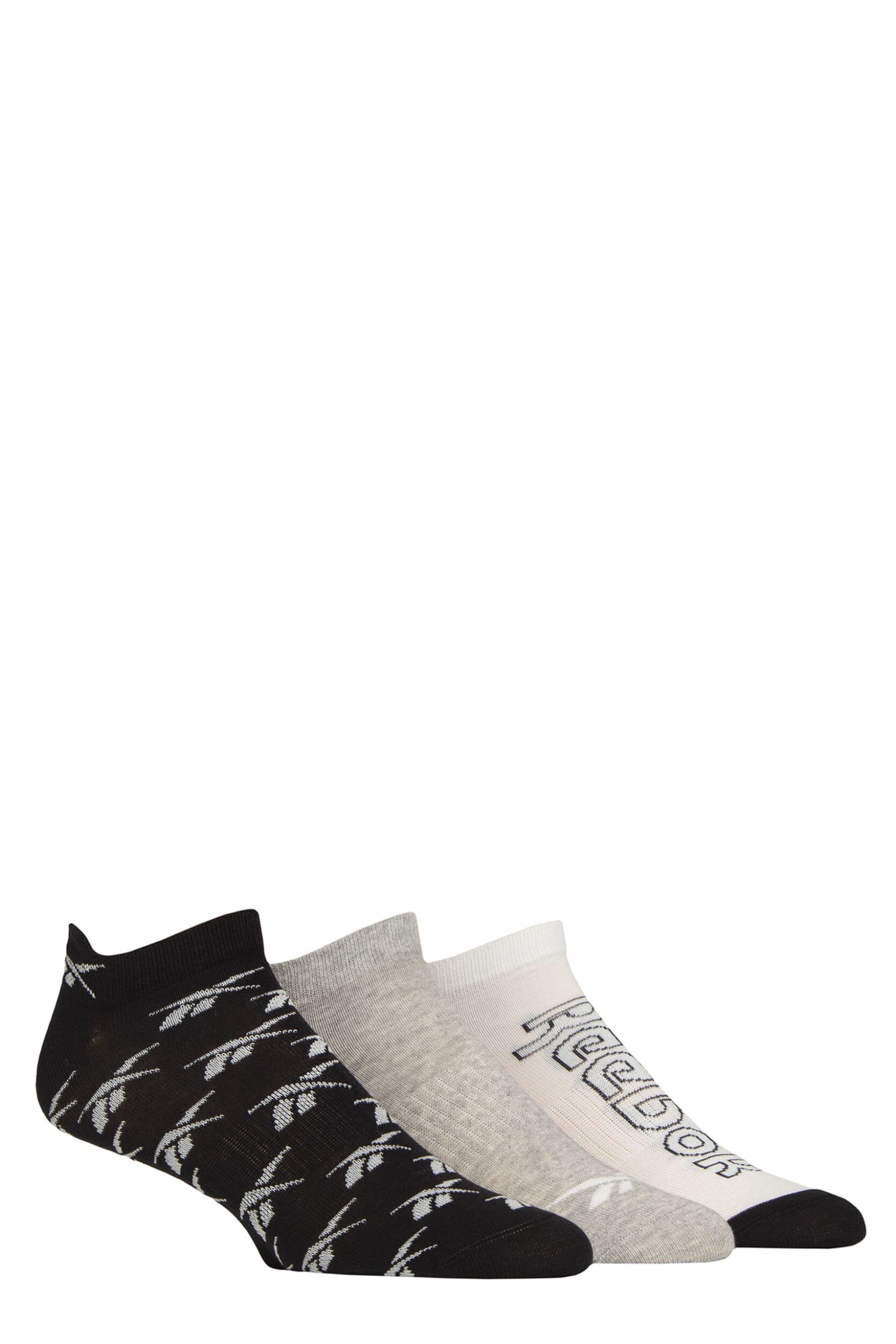 Mens and Women's 3 Pair Reebok Essentials Cotton Trainer Socks with Arch Support Black / Grey / White 8.5-10 UK