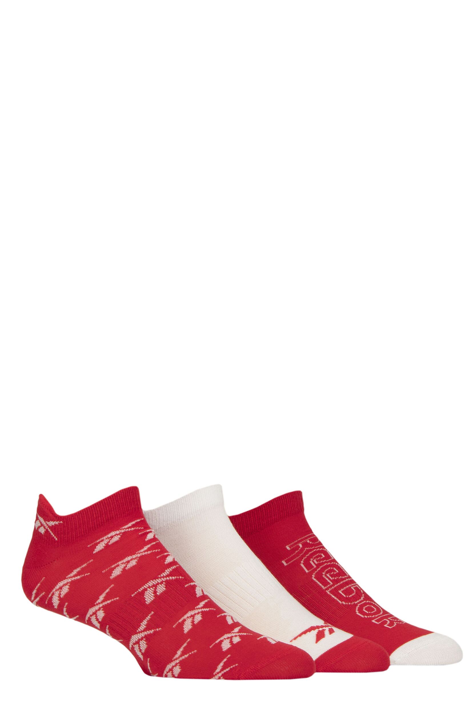 Mens and Women's 3 Pair Reebok Essentials Cotton Trainer Socks with Arch Support Red / White / Red 4.5-6 UK
