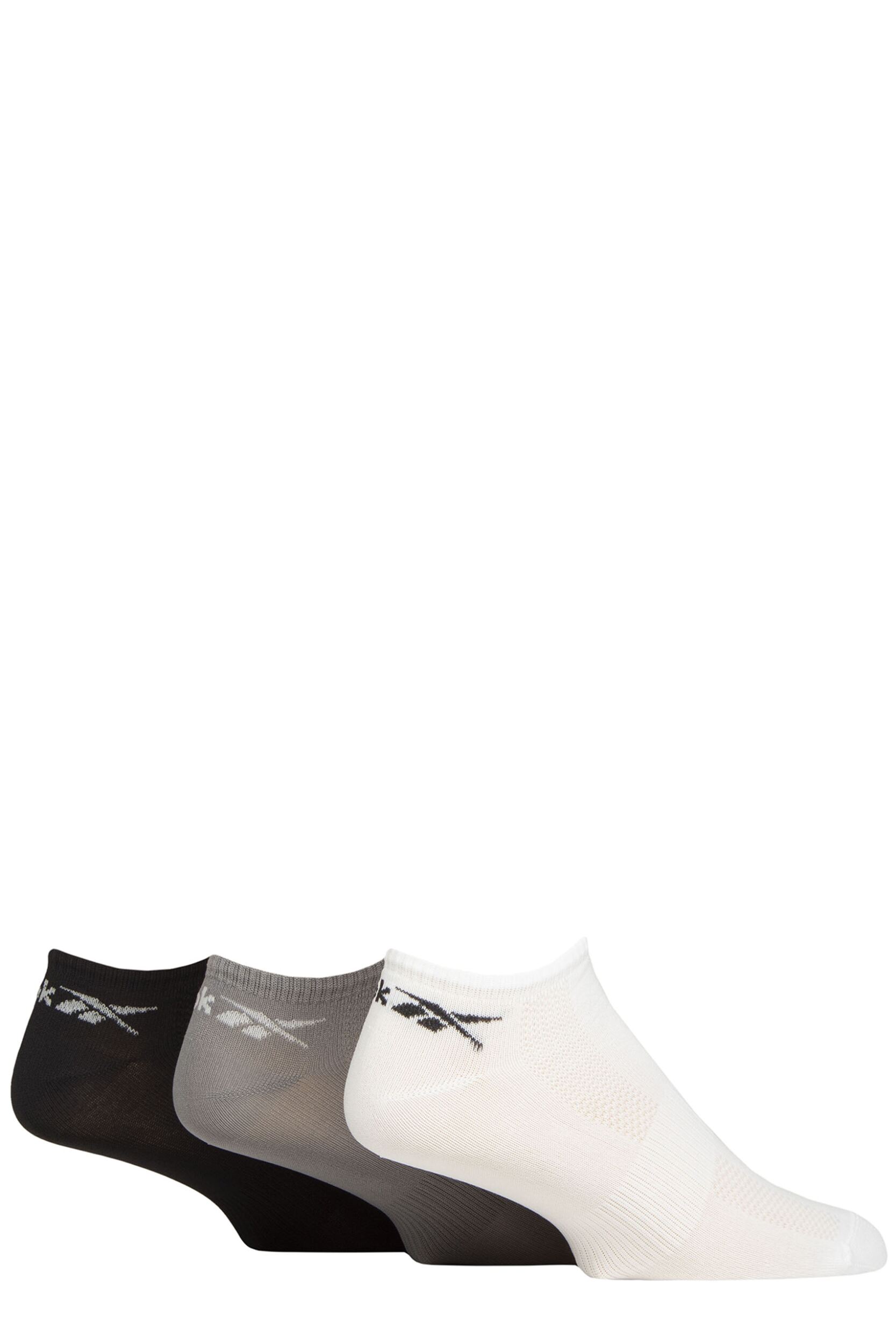 Mens and Women's 3 Pair Reebok Essentials Recycled Trainer Socks White / Grey / Black 6.5-8 UK