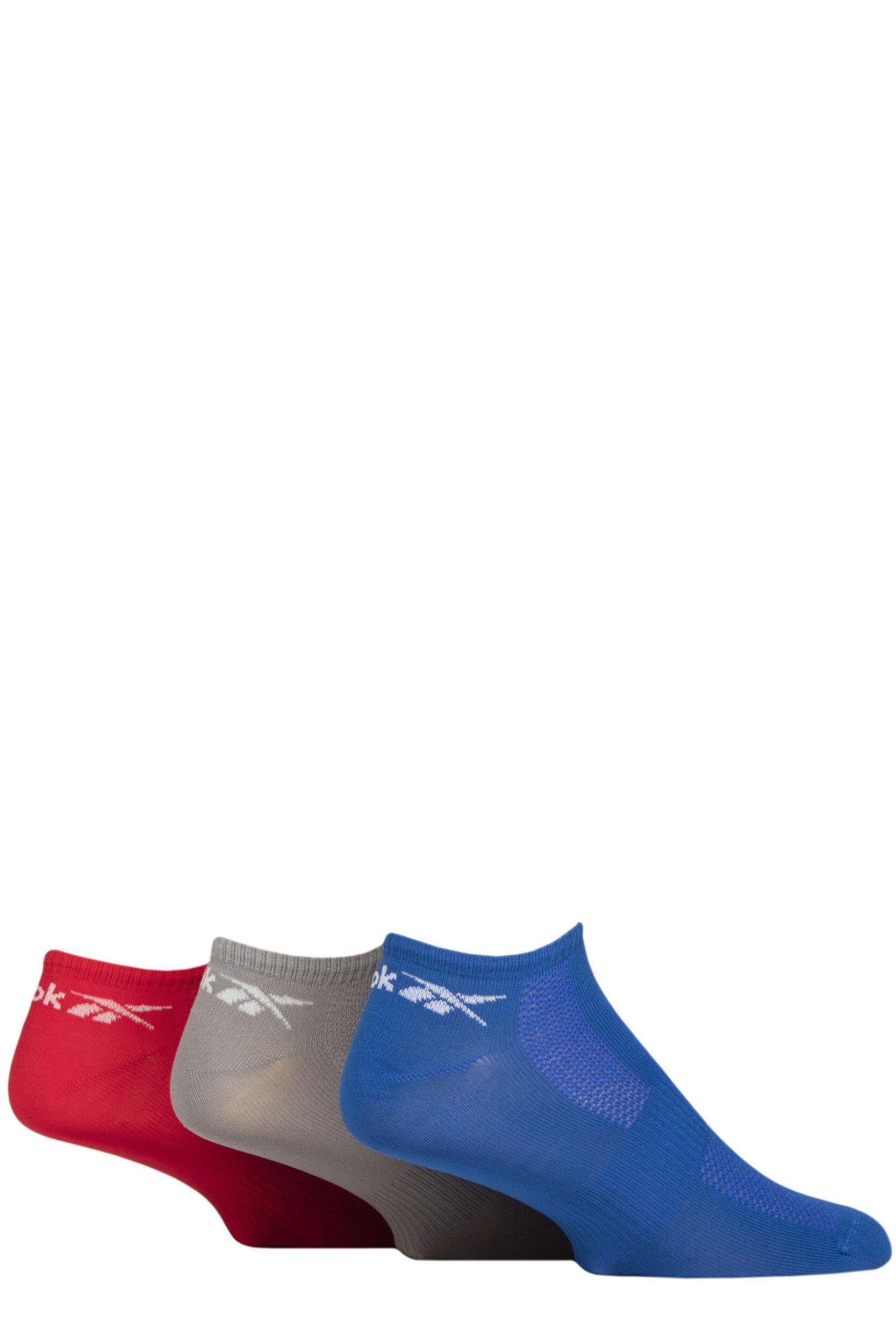 Mens and Women's 3 Pair Reebok Essentials Recycled Trainer Socks Blue / Grey / Red 8.5-10 UK