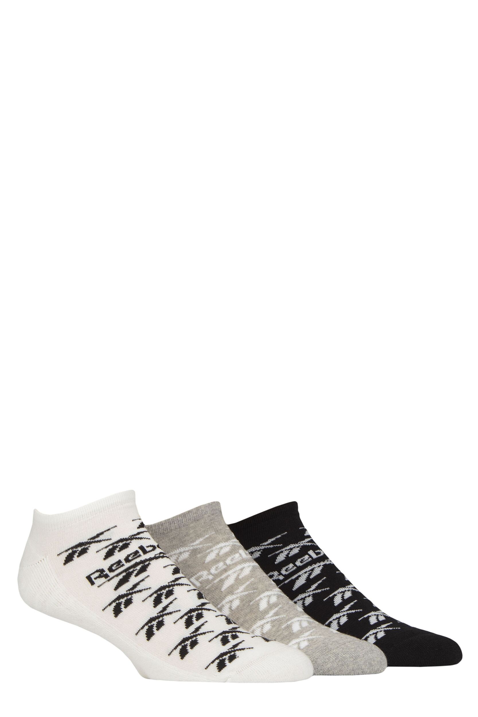 Mens and Women's 3 Pair Reebok Essentials Cotton Trainer Socks White / Grey / Black 6.5-8 UK