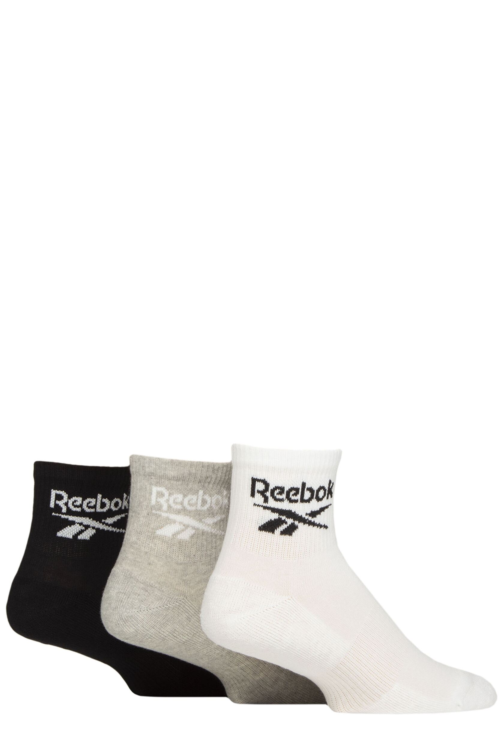 Mens and Women's 3 Pair Reebok Core Cotton Cushioned Ankle Socks White / Grey / Black 2.5-3.5 UK
