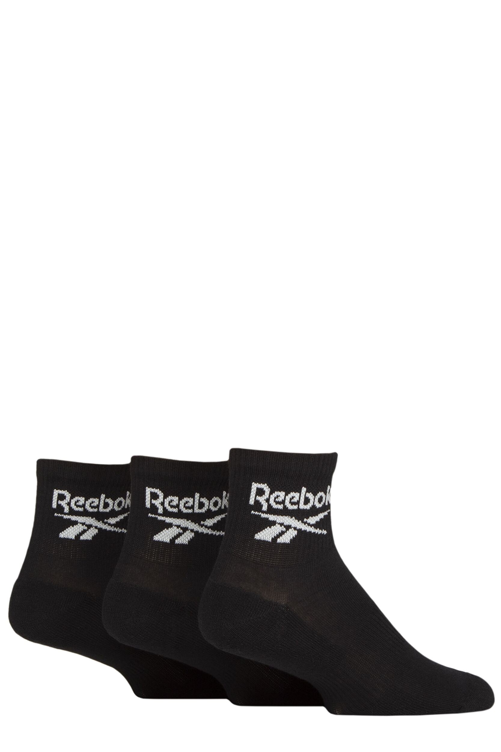 Mens and Women's 3 Pair Reebok Core Cotton Cushioned Ankle Socks Black 11-12.5 UK