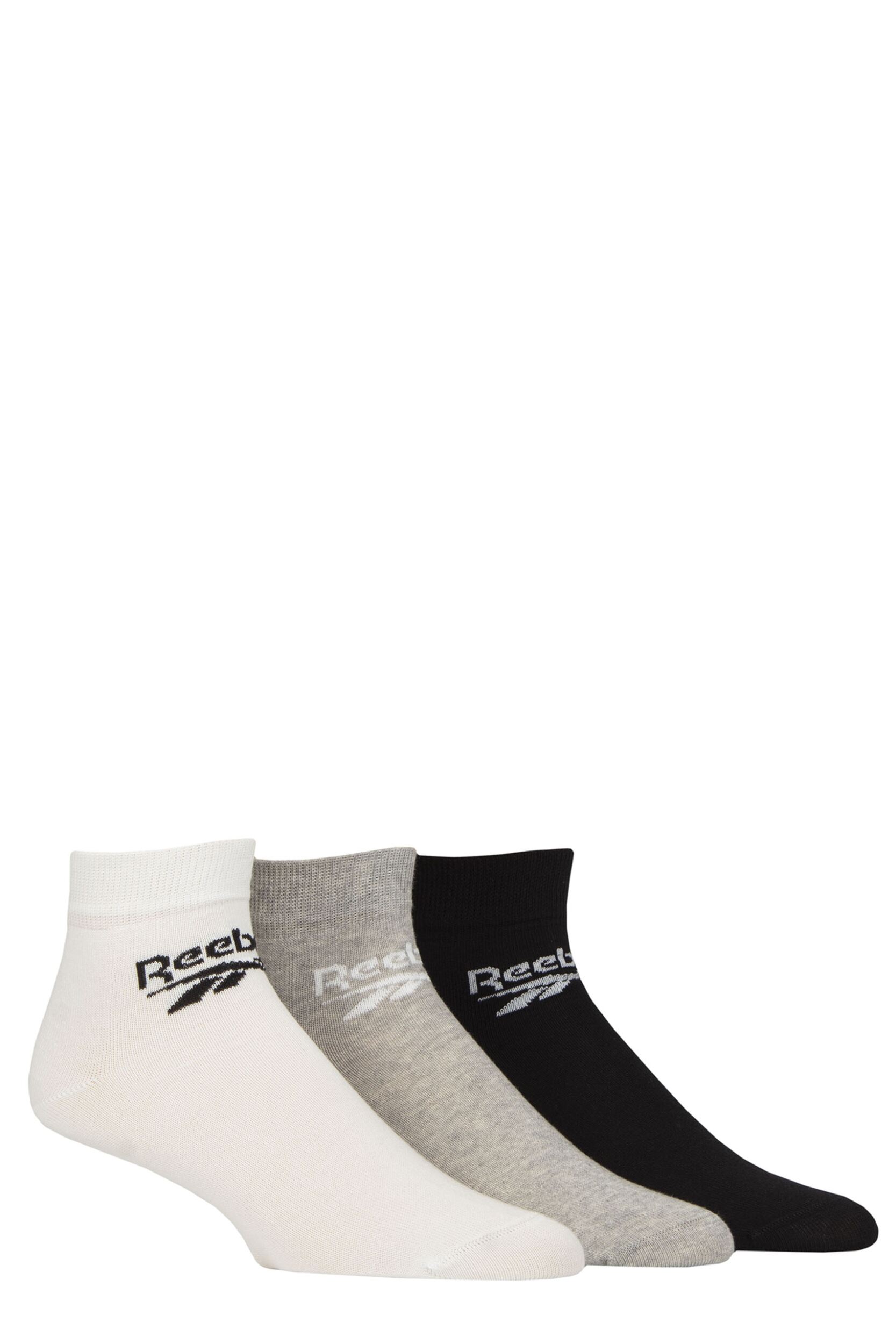 Mens and Women's 3 Pair Reebok Core Cotton Ankle Socks White / Grey / Black 11-12.5 UK