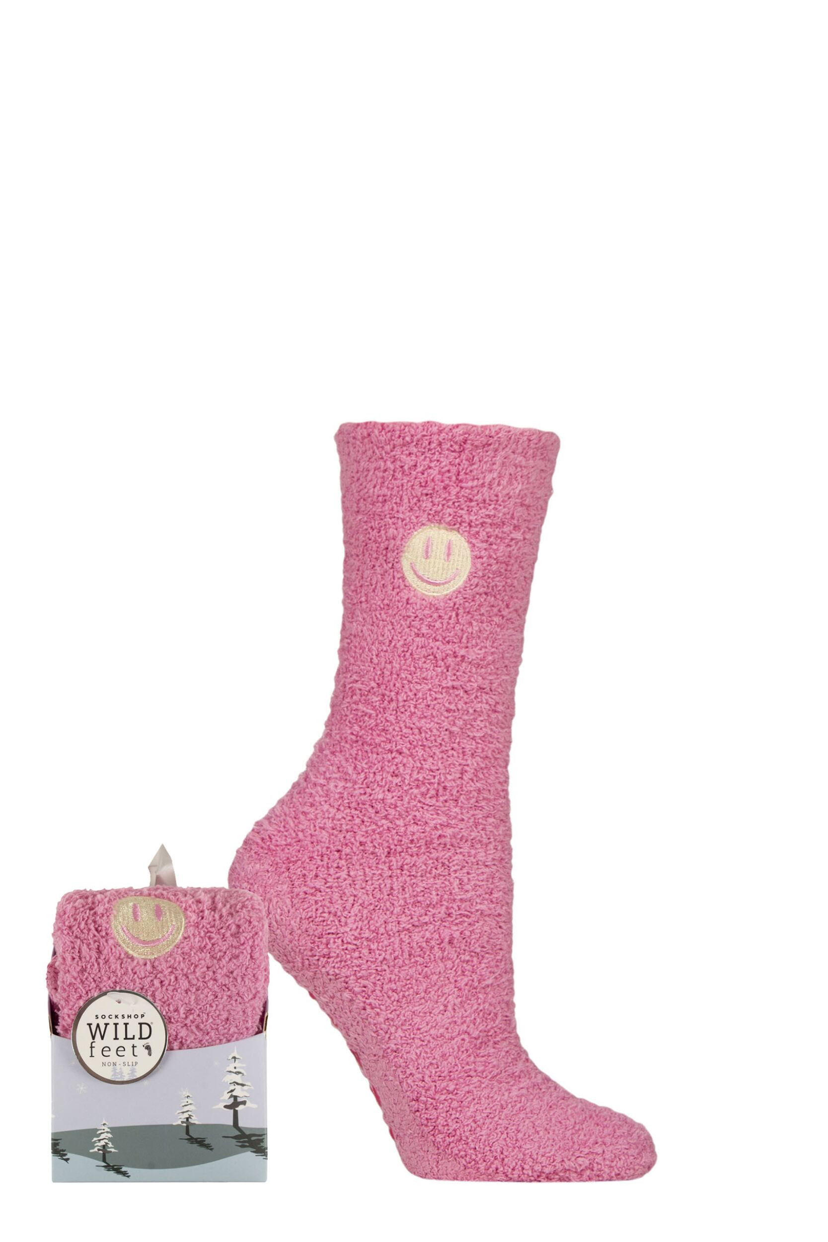 Women's 1 Pair SOCKSHOP Wildfeet Gift Boxed Fluffy Slipper Socks Smiley Face 4-8 Women's