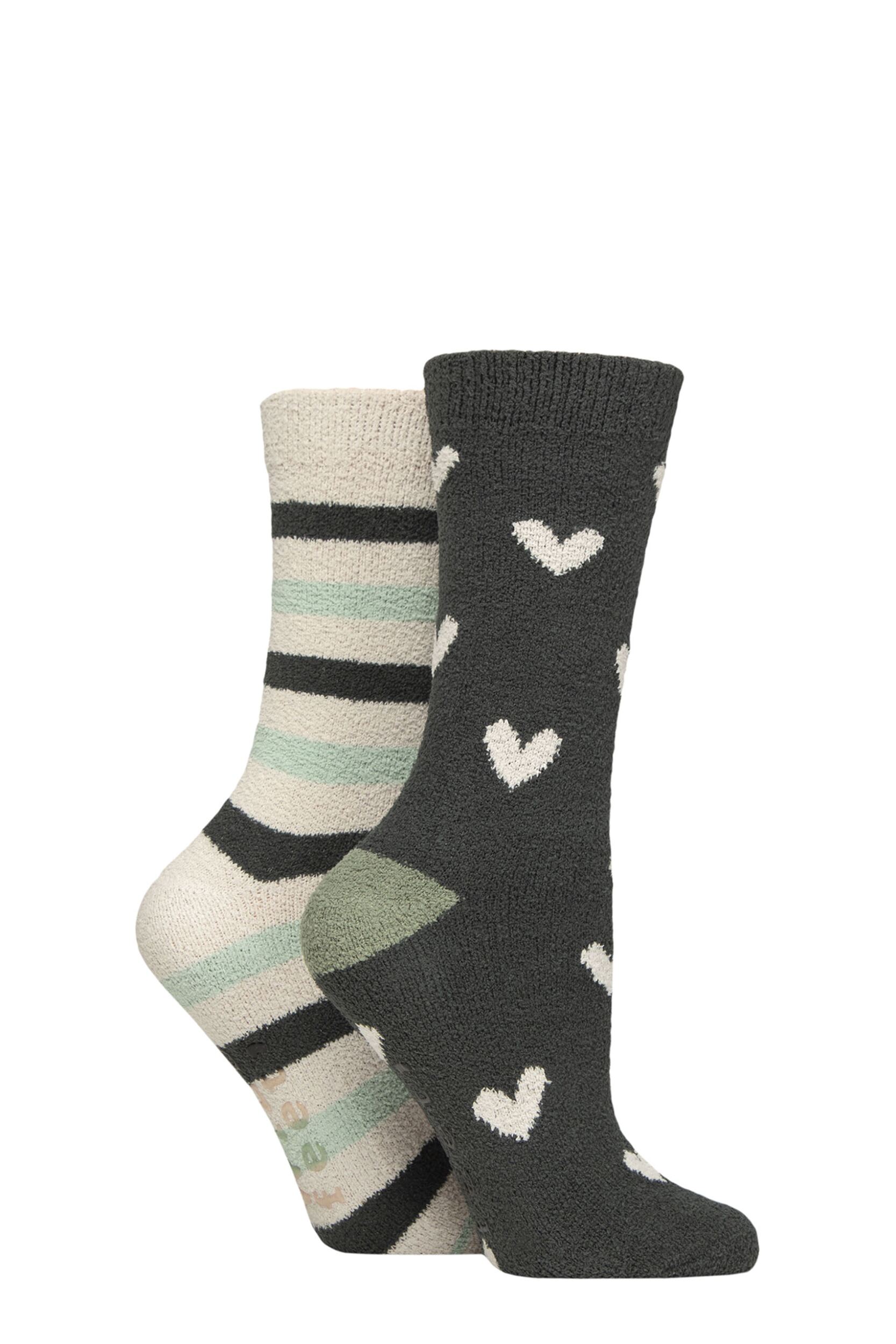 Women's 2 Pair SOCKSHOP Wildfeet Embroidered Cosy Lounge Socks Forest Green Hearts 4