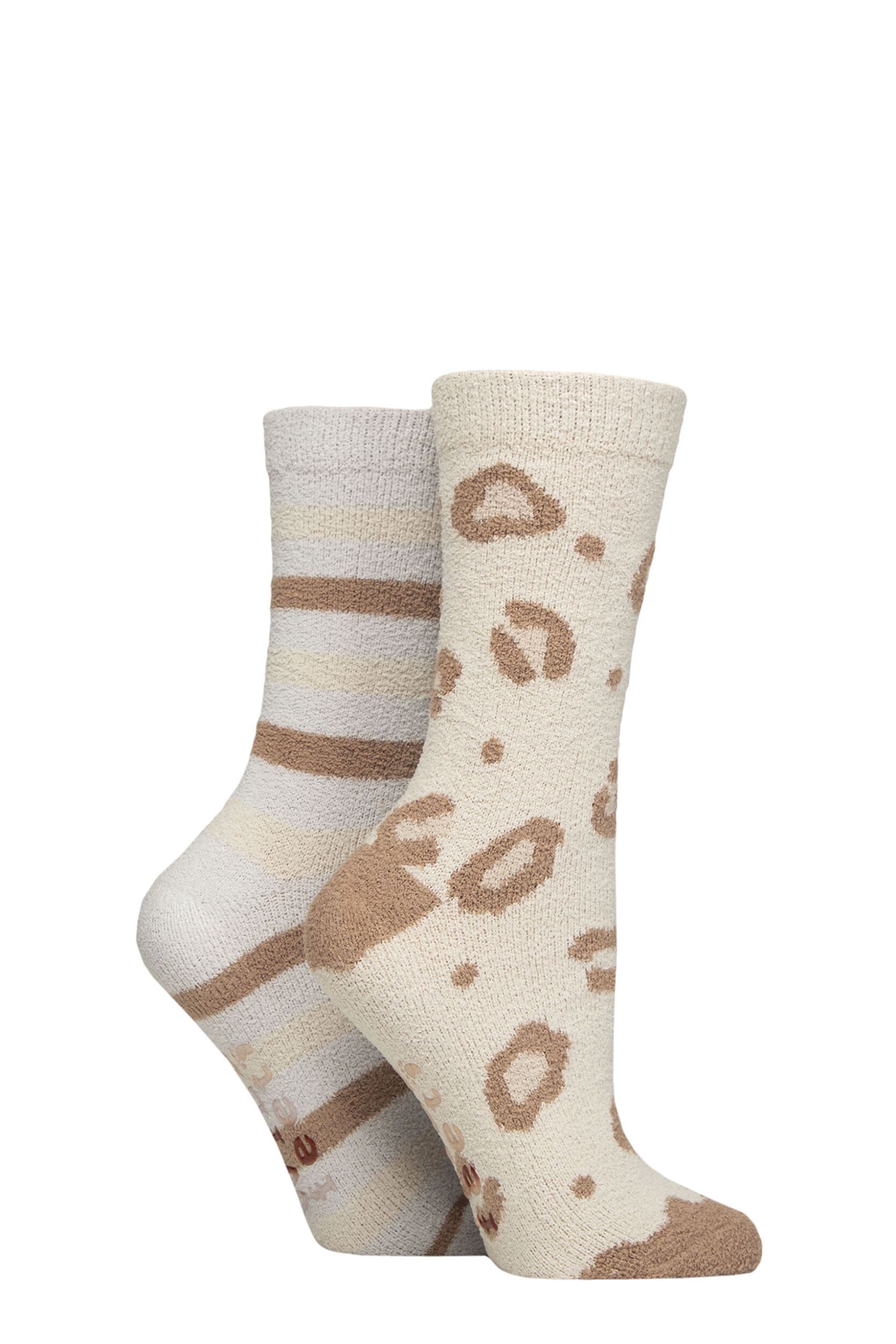Women's 2 Pair SOCKSHOP Wildfeet Embroidered Cosy Lounge Socks Leopard Stripe 4
