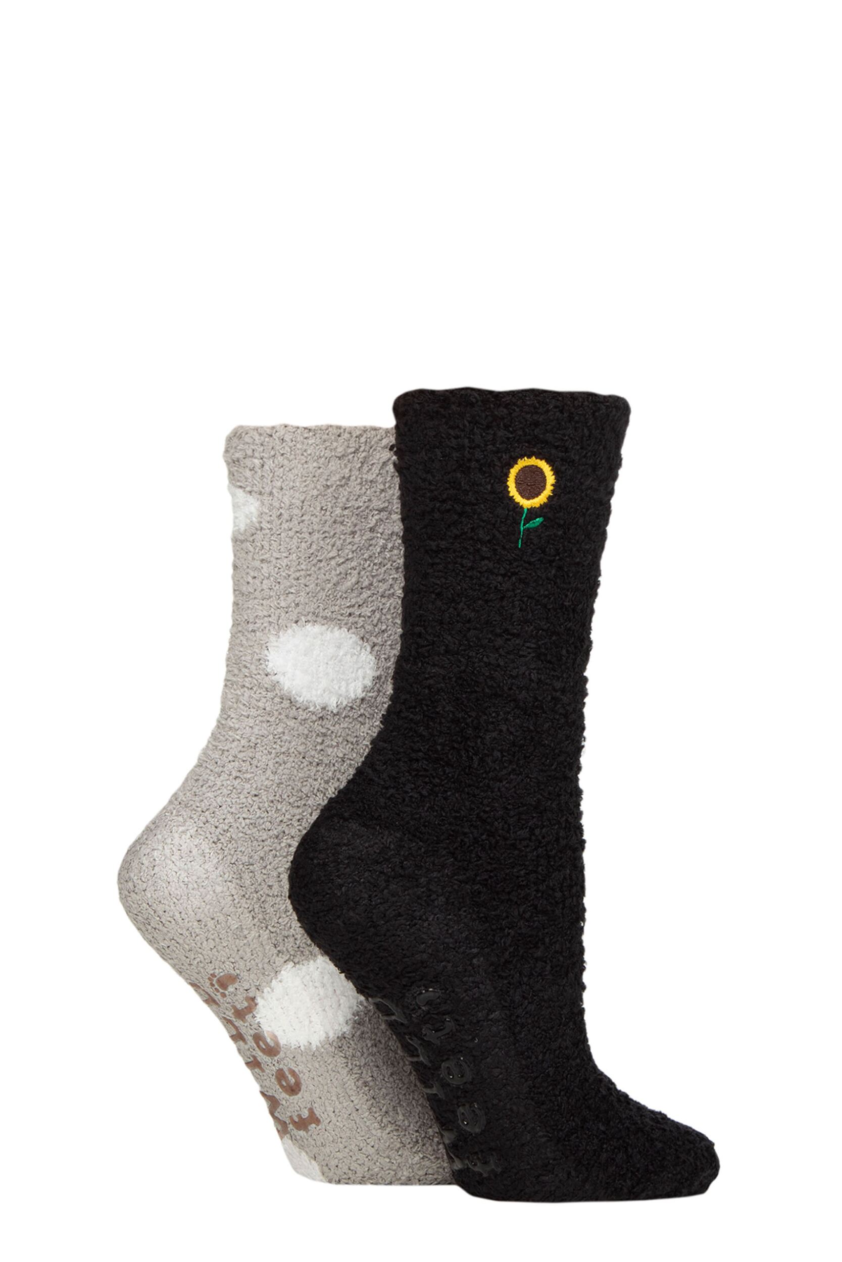 Women's 2 Pair SOCKSHOP Wildfeet Embroidered Cosy Lounge Socks Sunflower and Spots 4-8