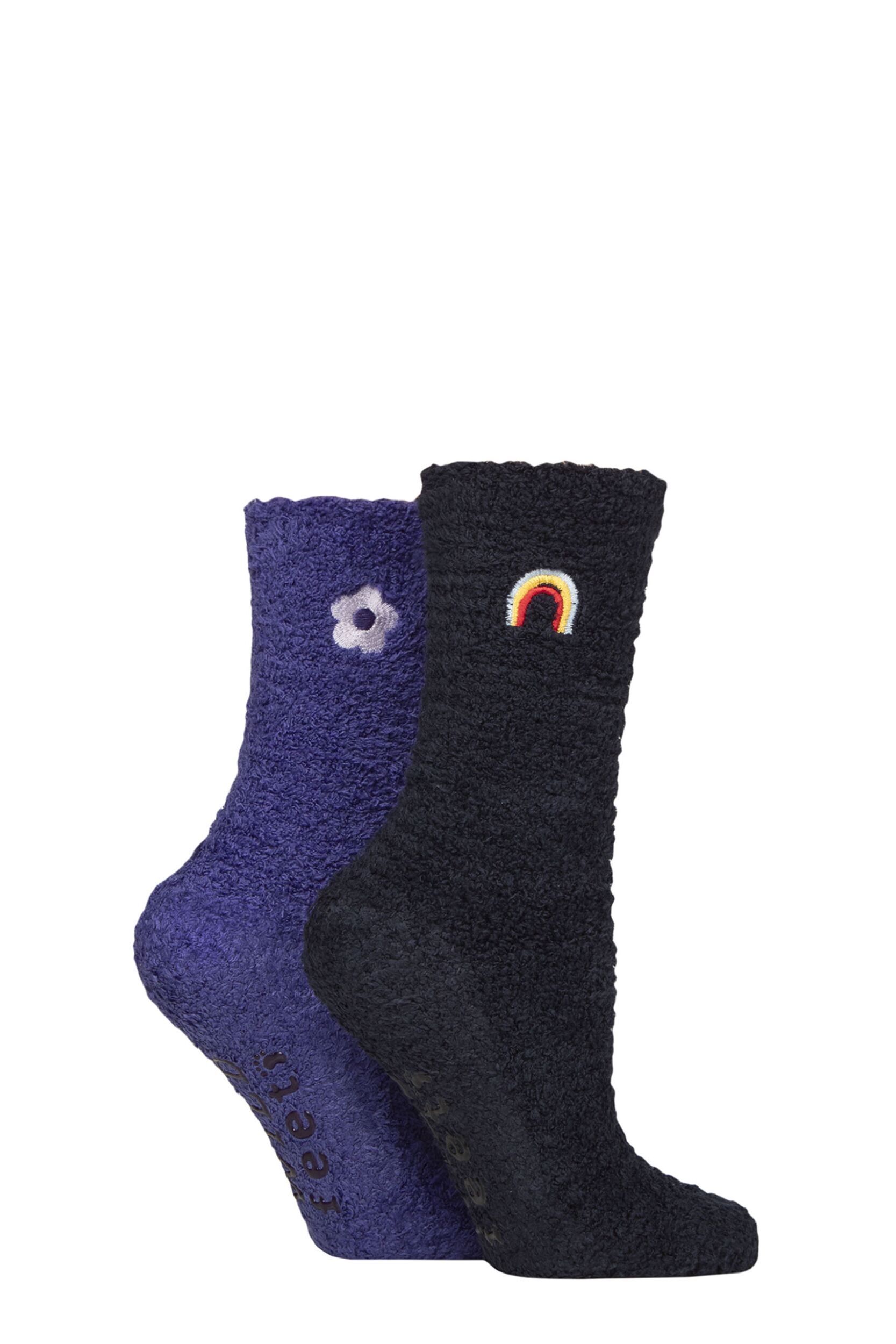 Women's 2 Pair SOCKSHOP Wildfeet Embroidered Cosy Lounge Socks Rainbow / Flower 4-8 Women's