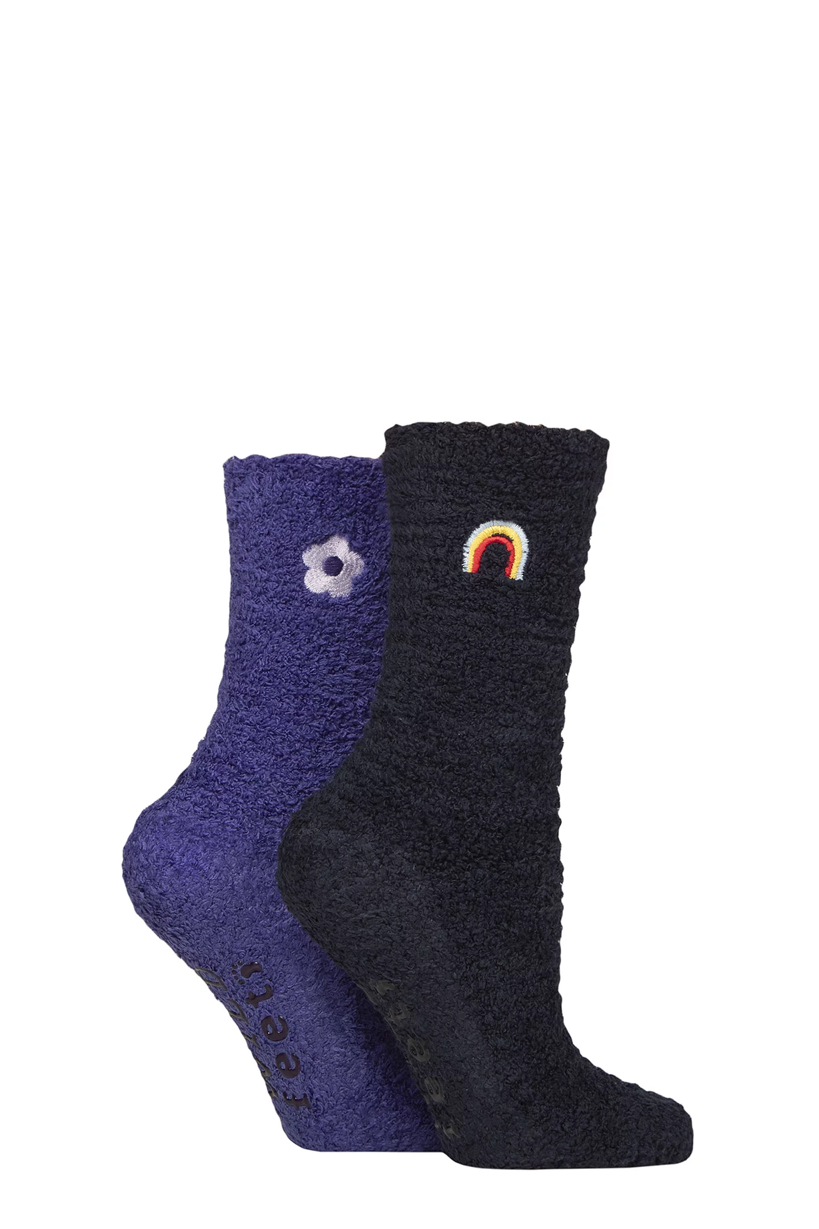 Women's 2 Pair SOCKSHOP Wildfeet Embroidered Cosy Lounge Socks Rainbow / Flower 4-8 Women'