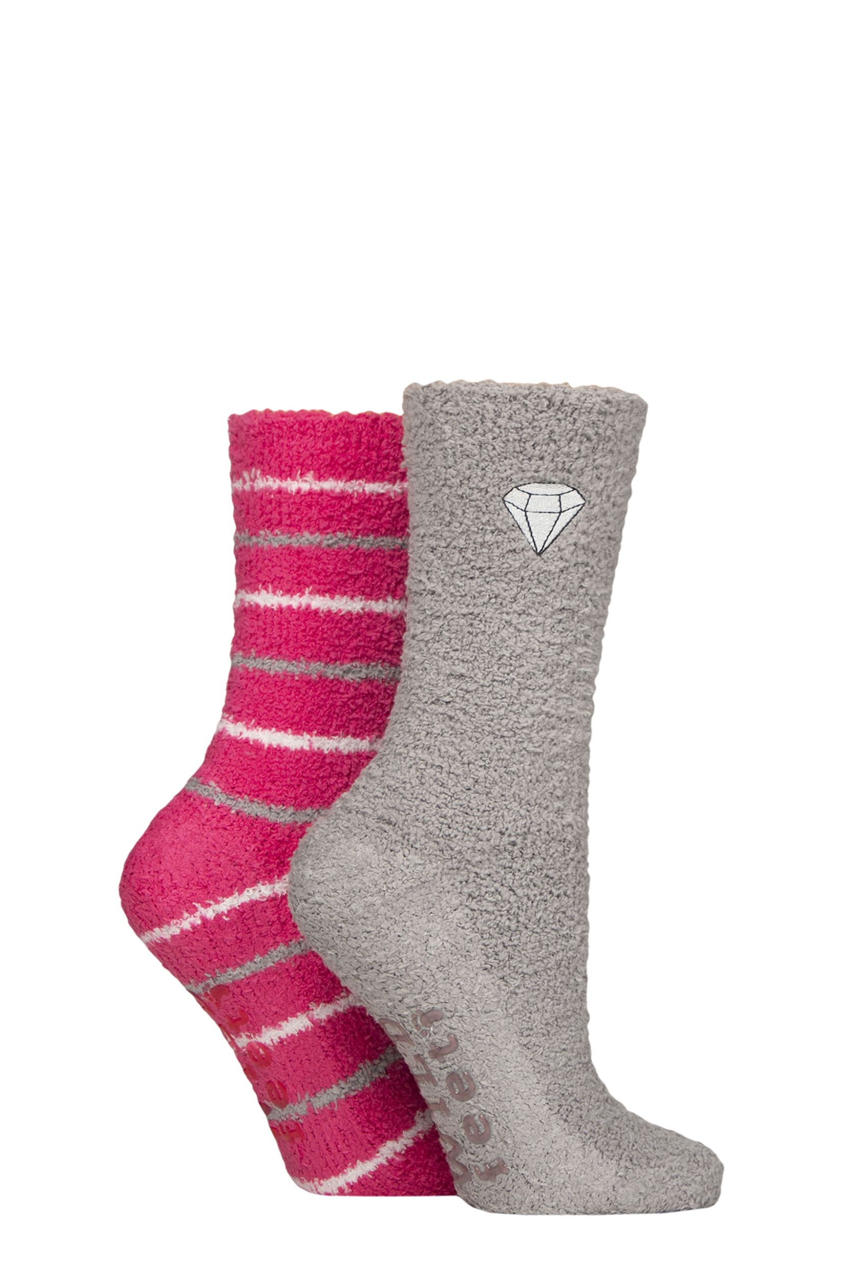 Women's 2 Pair SOCKSHOP Wildfeet Embroidered Cosy Lounge Socks Diamond / Stripes 4-8 Women's